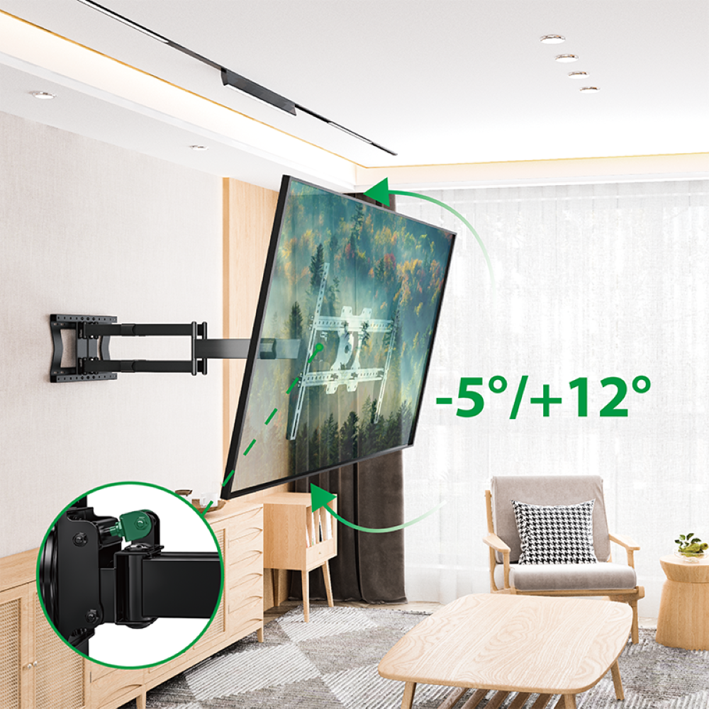 TV mounted on a wall, angled. Living room setting, wooden furniture, neutral colors.