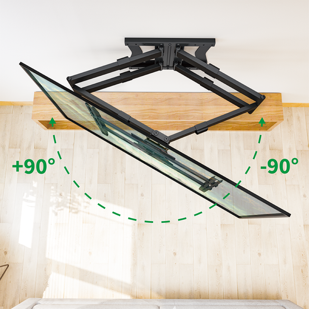 TV mounted on the ceiling, able to rotate. The TV is black. Wooden ceiling.