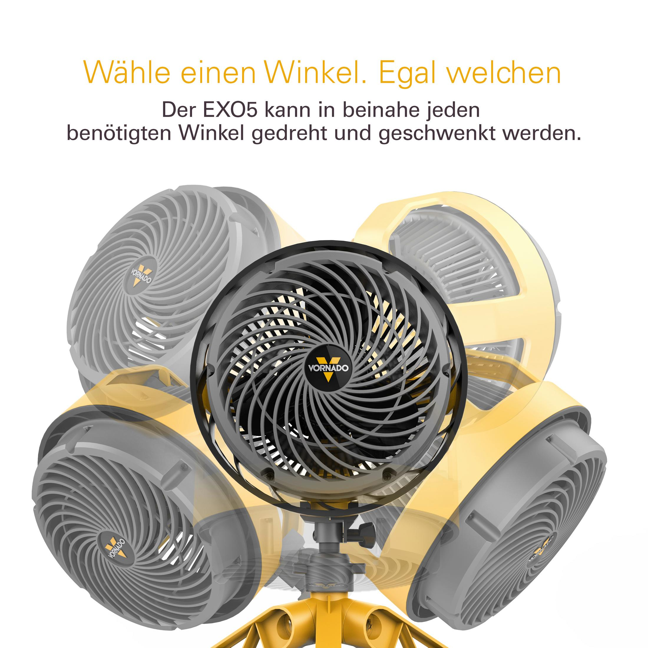Mehrere Ventilatoren. Gelber Stativsockel, schwarzer Lüfterkäfig. VORNADO-Logo.