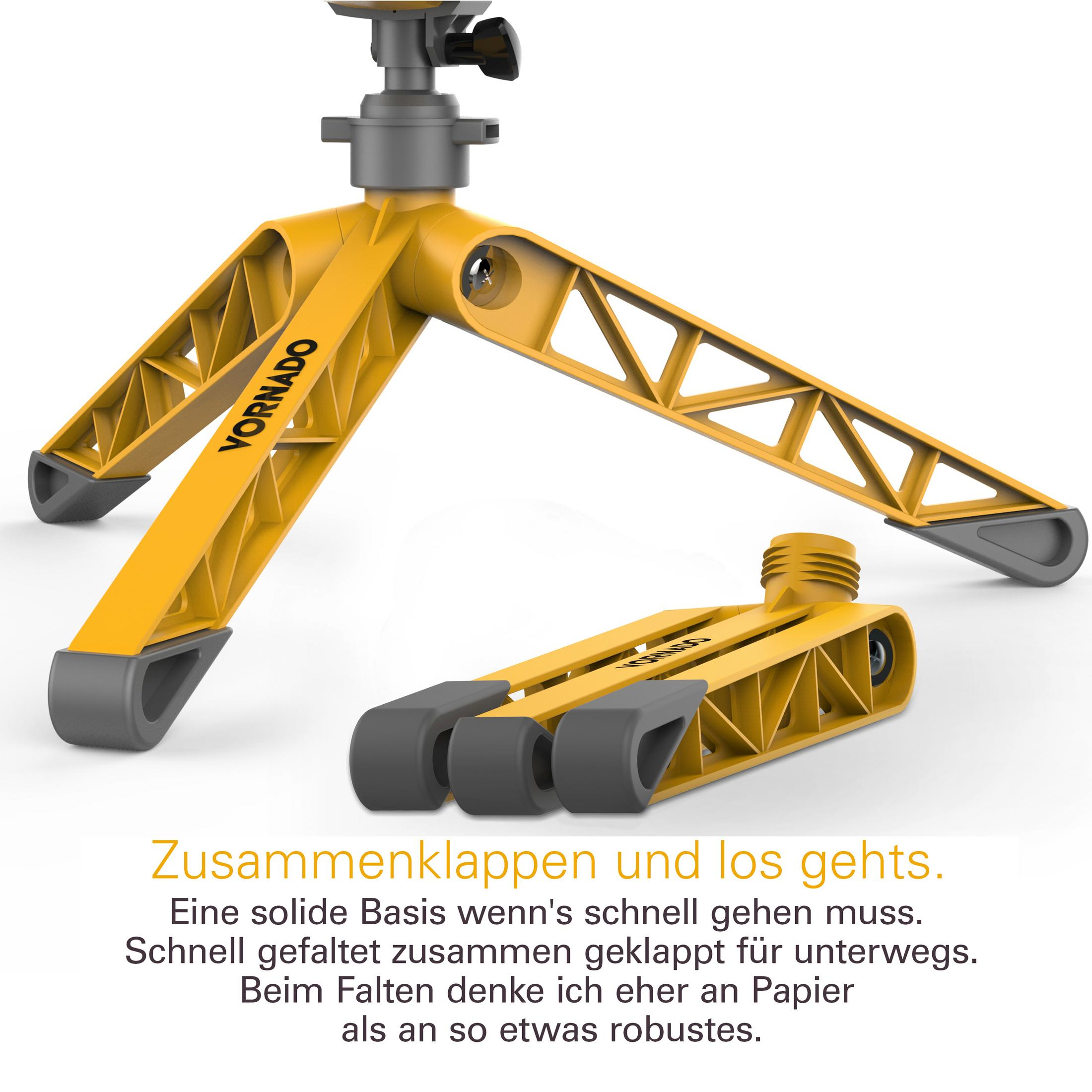 Ein gelbes Stativ, zusammengeklappt und aufgeklappt, mit deutschem Text. Das aufgeklappte Stativ im Vordergrund.