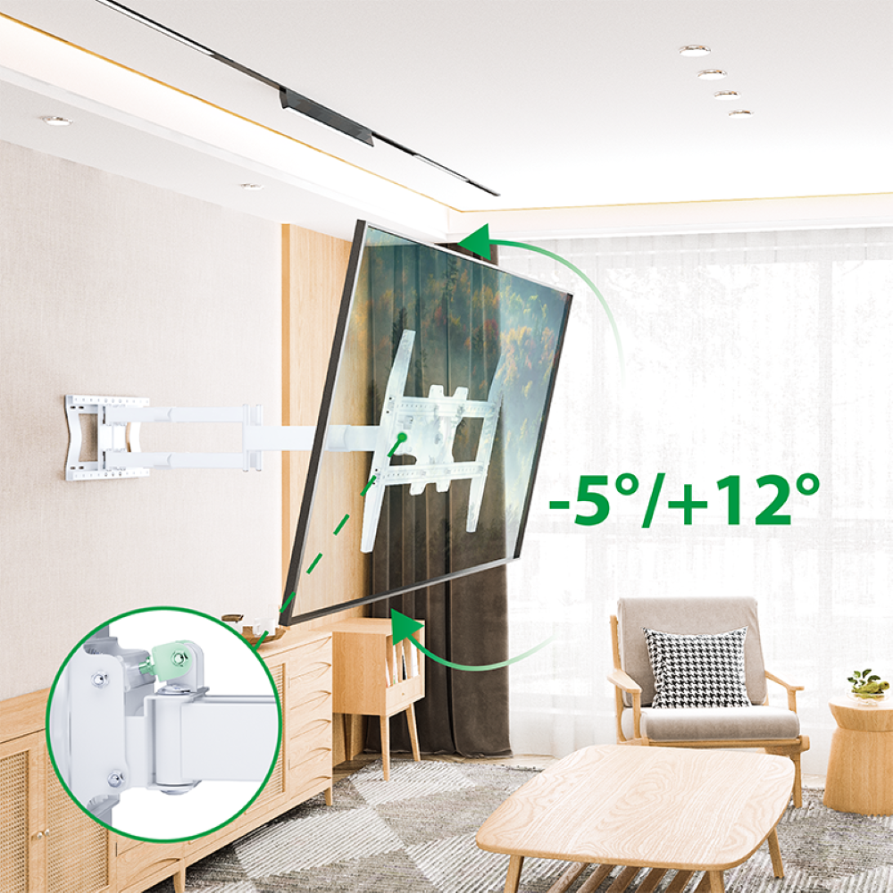 TV mounted on a white wall, tilted. Angle range is -5/+12 degrees. Inset shows the mounting mechanism.