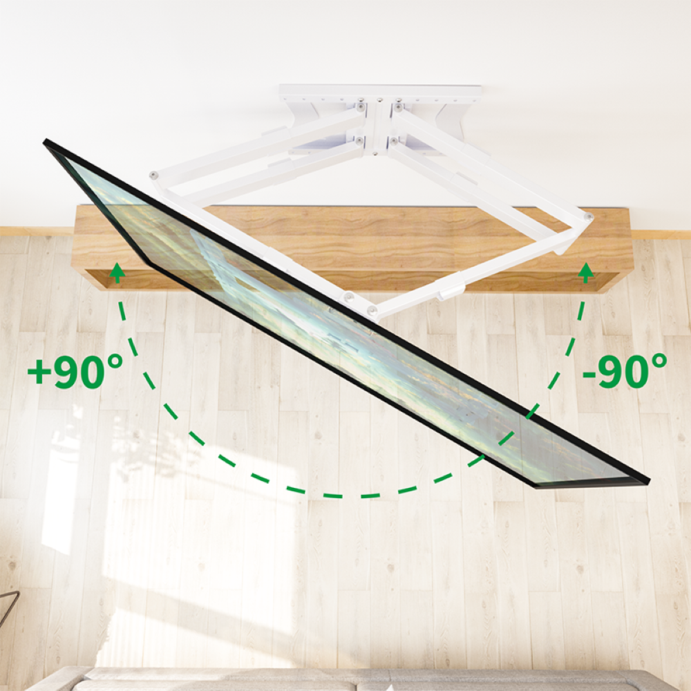 TV mounted on the ceiling, tilted downwards. Angle range indicated: +90 to -90 degrees.