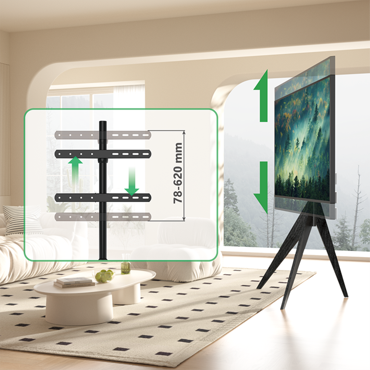 Tv-standaard, met tv op zwarte standaard. Illustratie van hoogteverstelling.