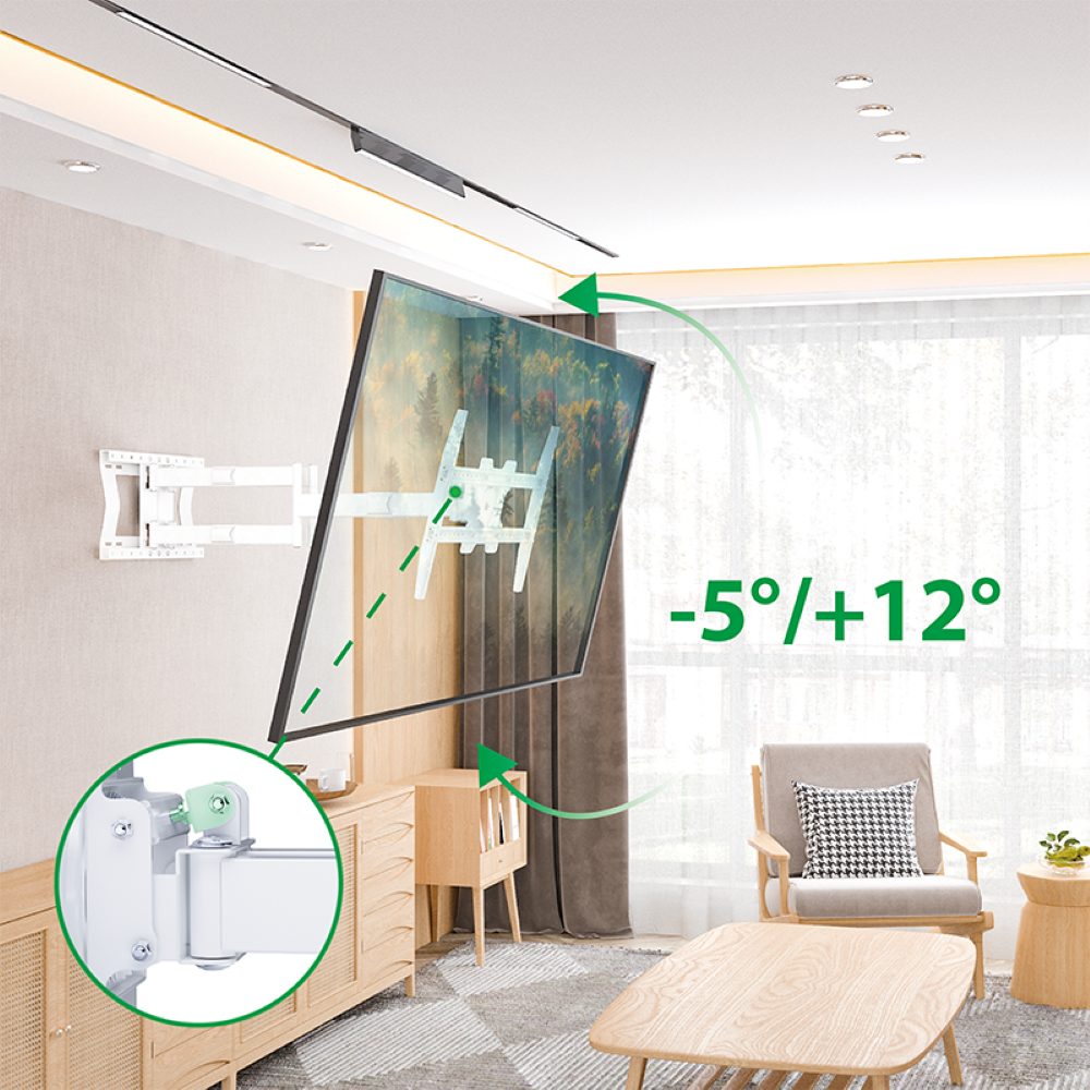 Tv aan de muur gemonteerd. Diagram van het instelbereik. Moderne woonkamer met meubels.