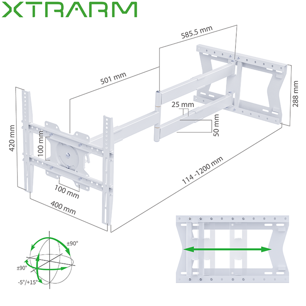 Diagram van een tv-muurbeugel. Afmetingen en rotatiegraden. Witte achtergrond.