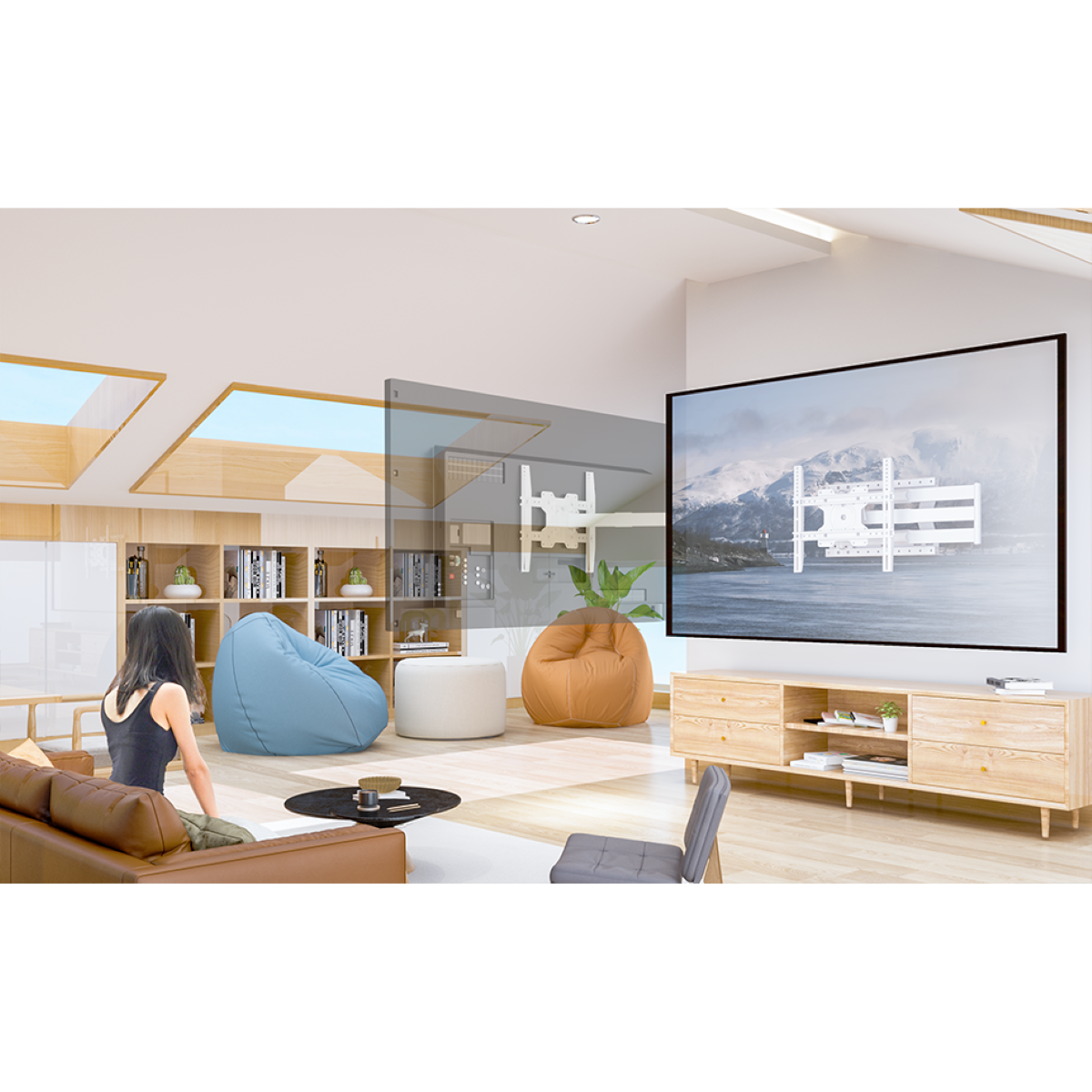 Moderne woonkamer. Tv aan de muur. Twee zitzakken en een bank. Persoon zit.