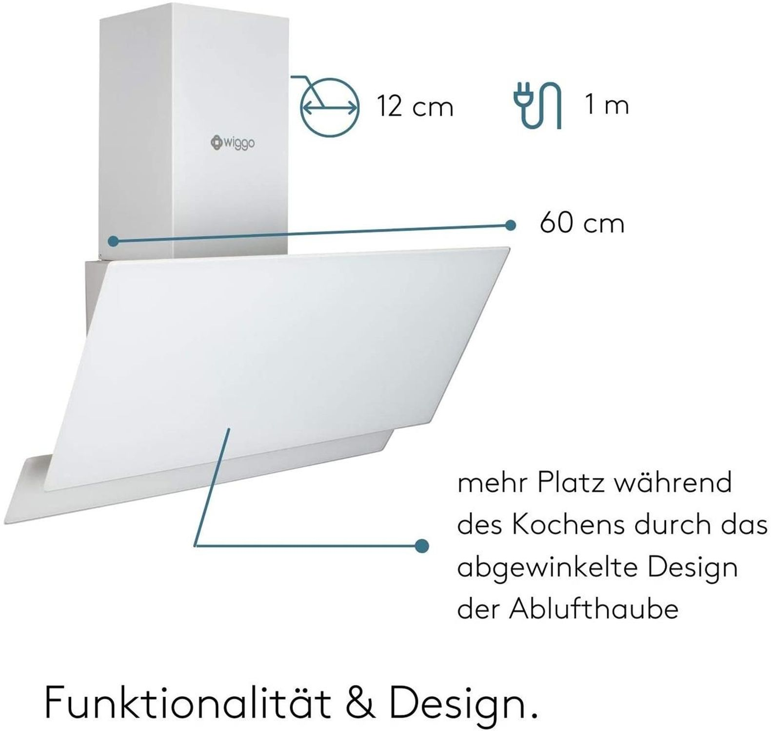 Weiße Küchenhaube mit Abmessungen und Text. Funktionalität & Design.