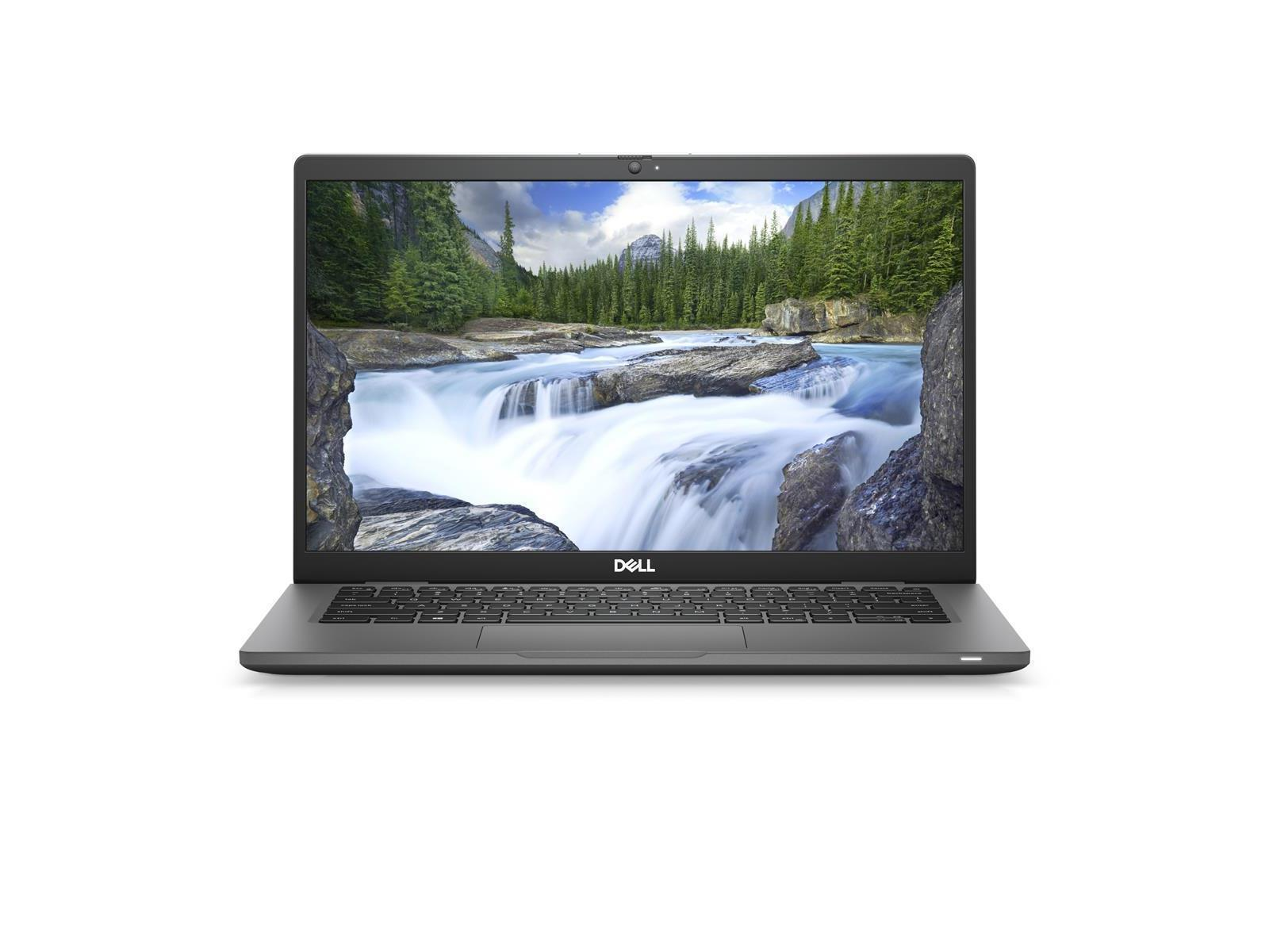 Dell-Laptop geöffnet, zeigt eine Wasserfall-Szene. Der Laptop befindet sich auf weißem Hintergrund.