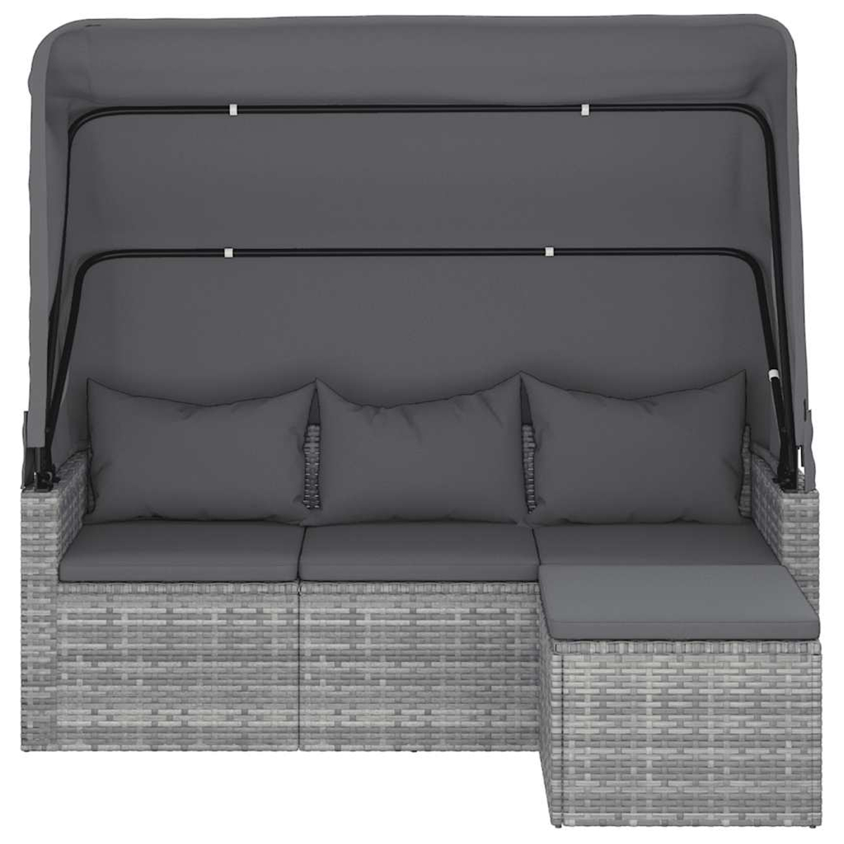 Graues Rattan-Sofa im Freien mit Baldachin. Es hat Kissen und einen Beistelltisch rechts.
