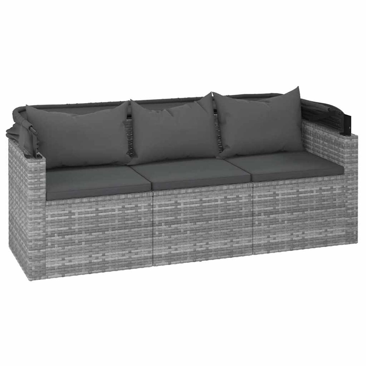 Graues Rattan-Sofa mit Kissen und Baldachin. Das Sofa hat drei Abschnitte.