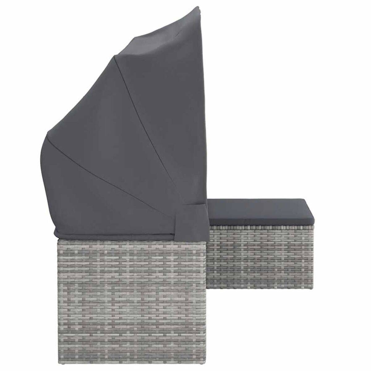 Seitenansicht eines grauen Rattan-Sofas mit Baldachin. Das Sofa hat ein Kissen und eine Armlehne.