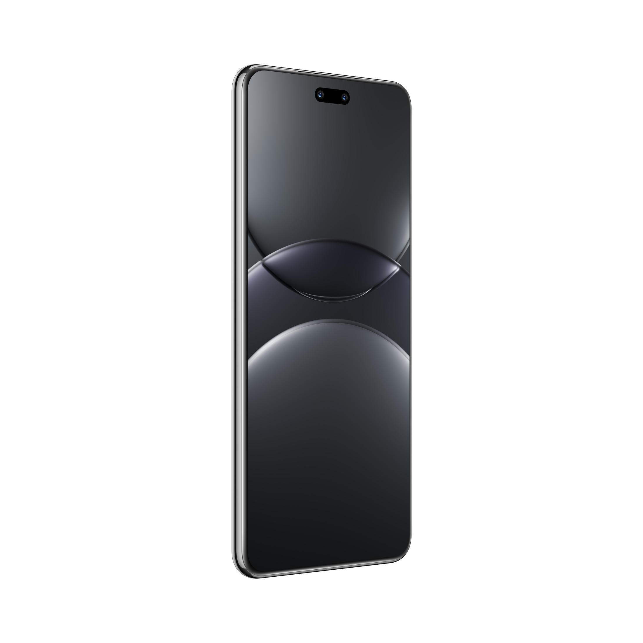 Schwarzes Smartphone, schräge Ansicht, dunkler Bildschirm mit Objektiven.