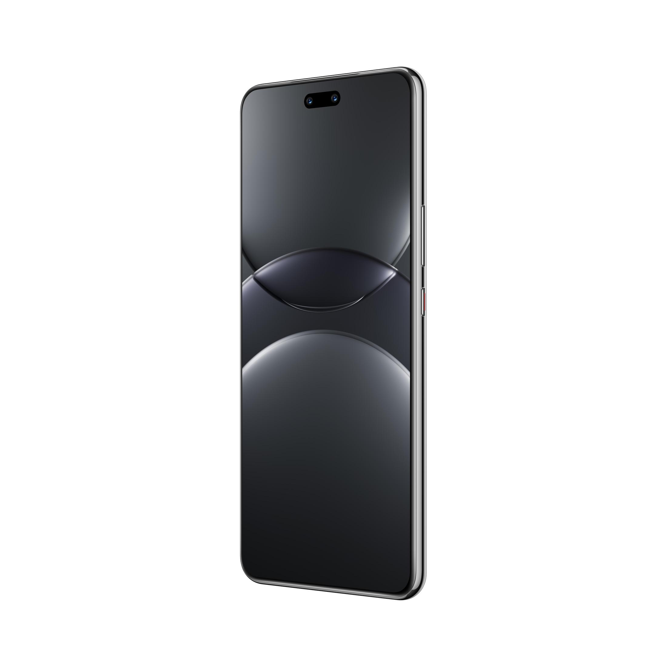 Schwarzes Smartphone mit elegantem Design und gebogenem Bildschirm, der ein dunkles, abstraktes Bild zeigt.