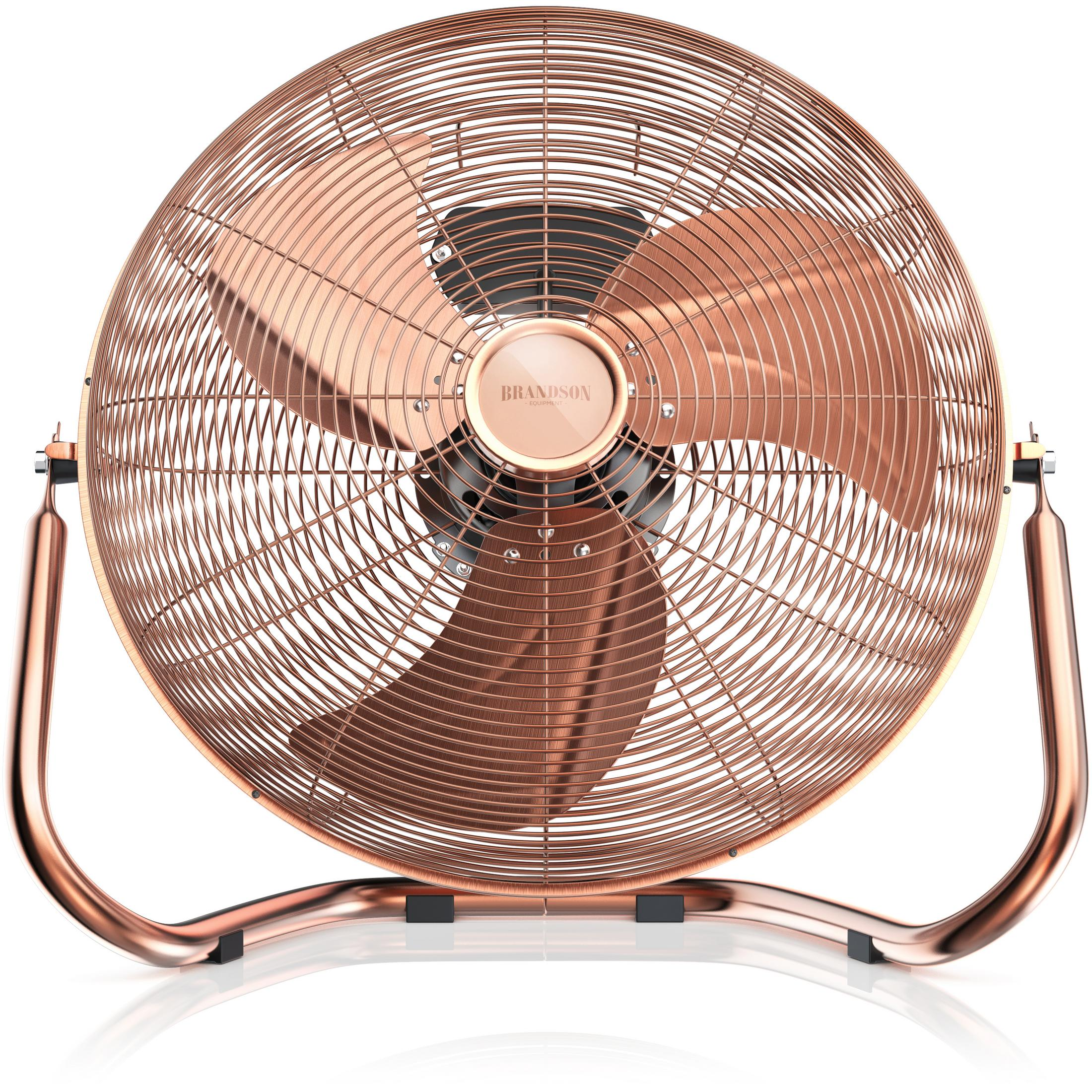 Kupferfarbener Ventilator mit rundem Käfig und gebogenem Ständer.