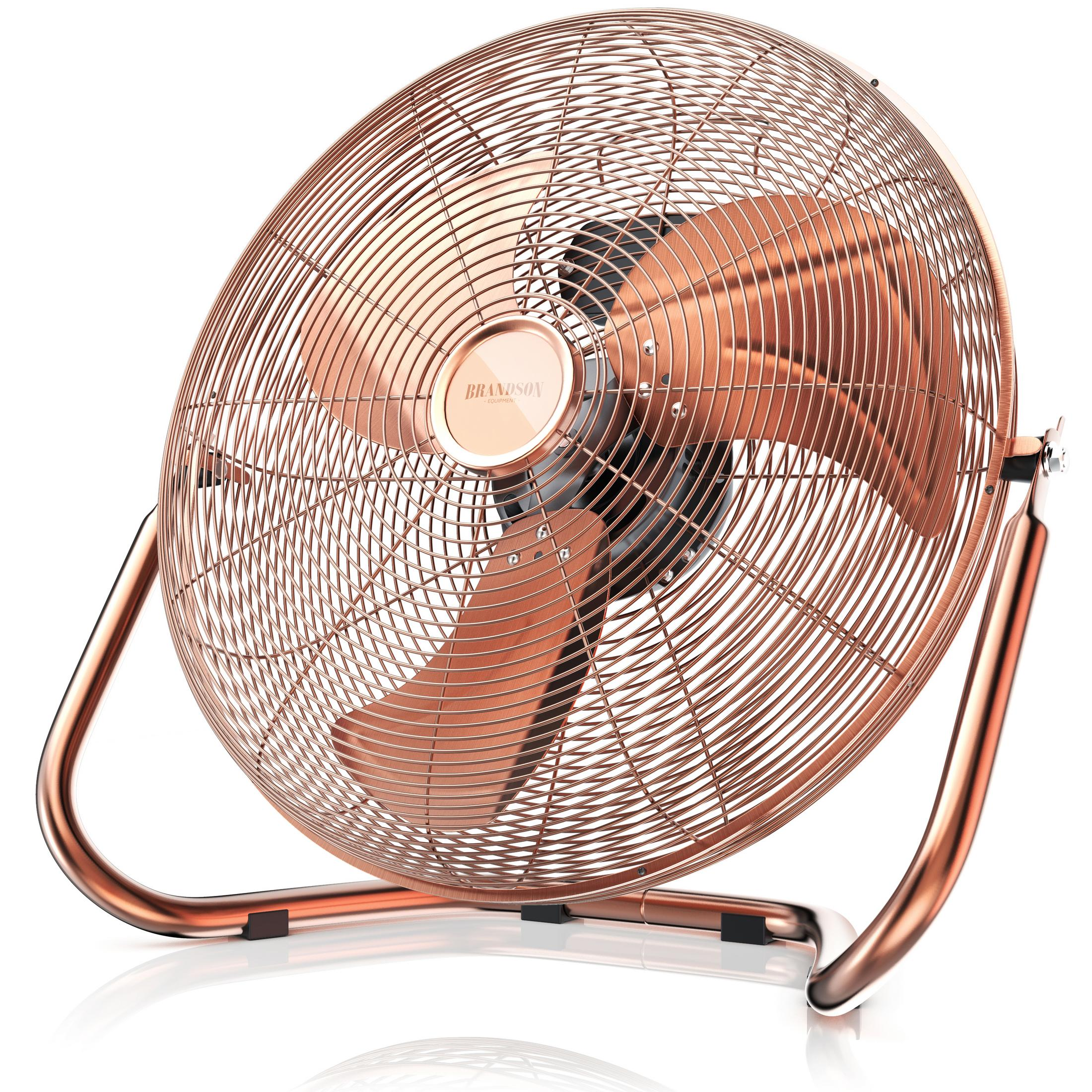 Kupferfarbener Ventilator mit rundem Käfig und gebogenem Ständer.