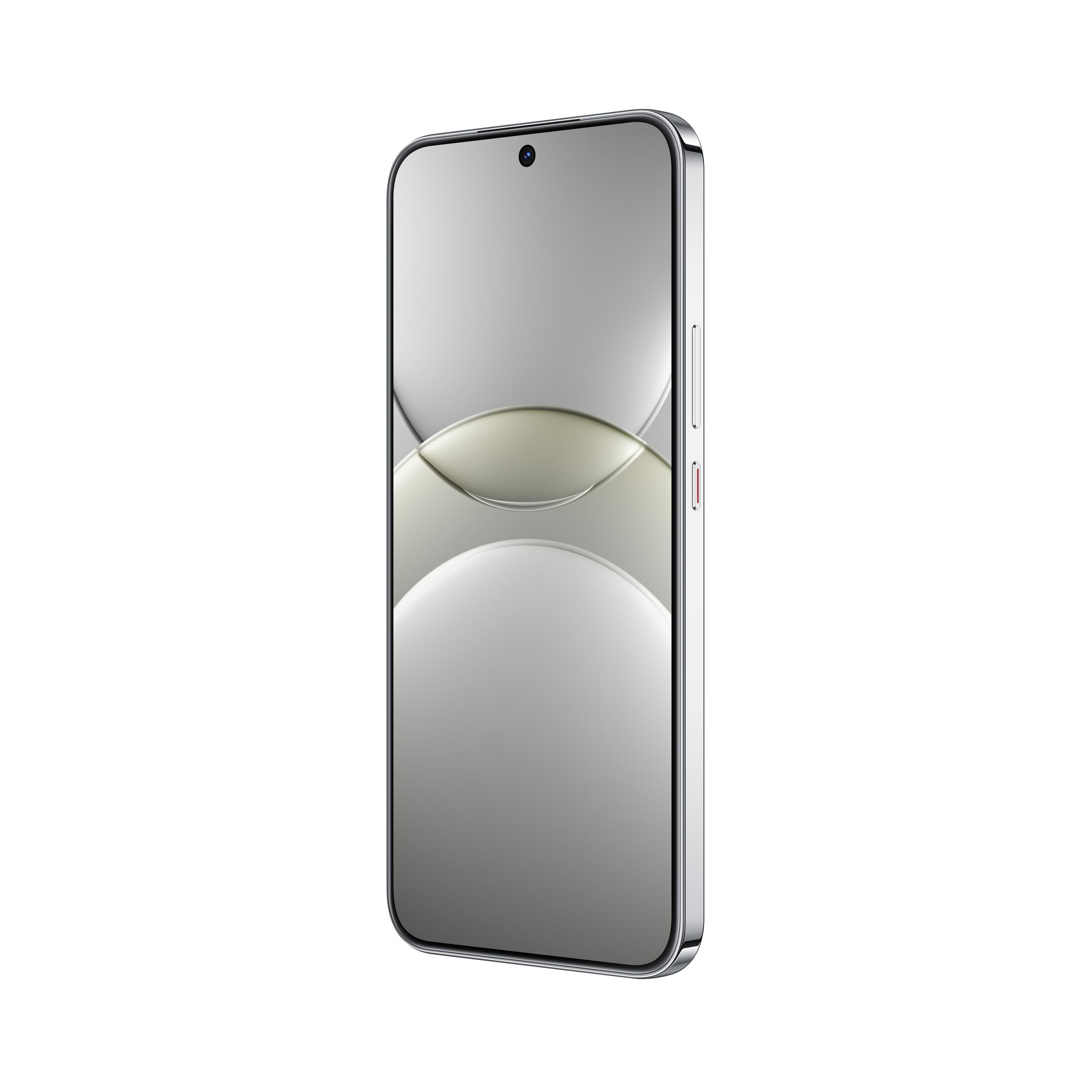 Smartphone mit silbernem Rahmen und Display. Frontkamera, abgerundete Ecken. Weißer Hintergrund.