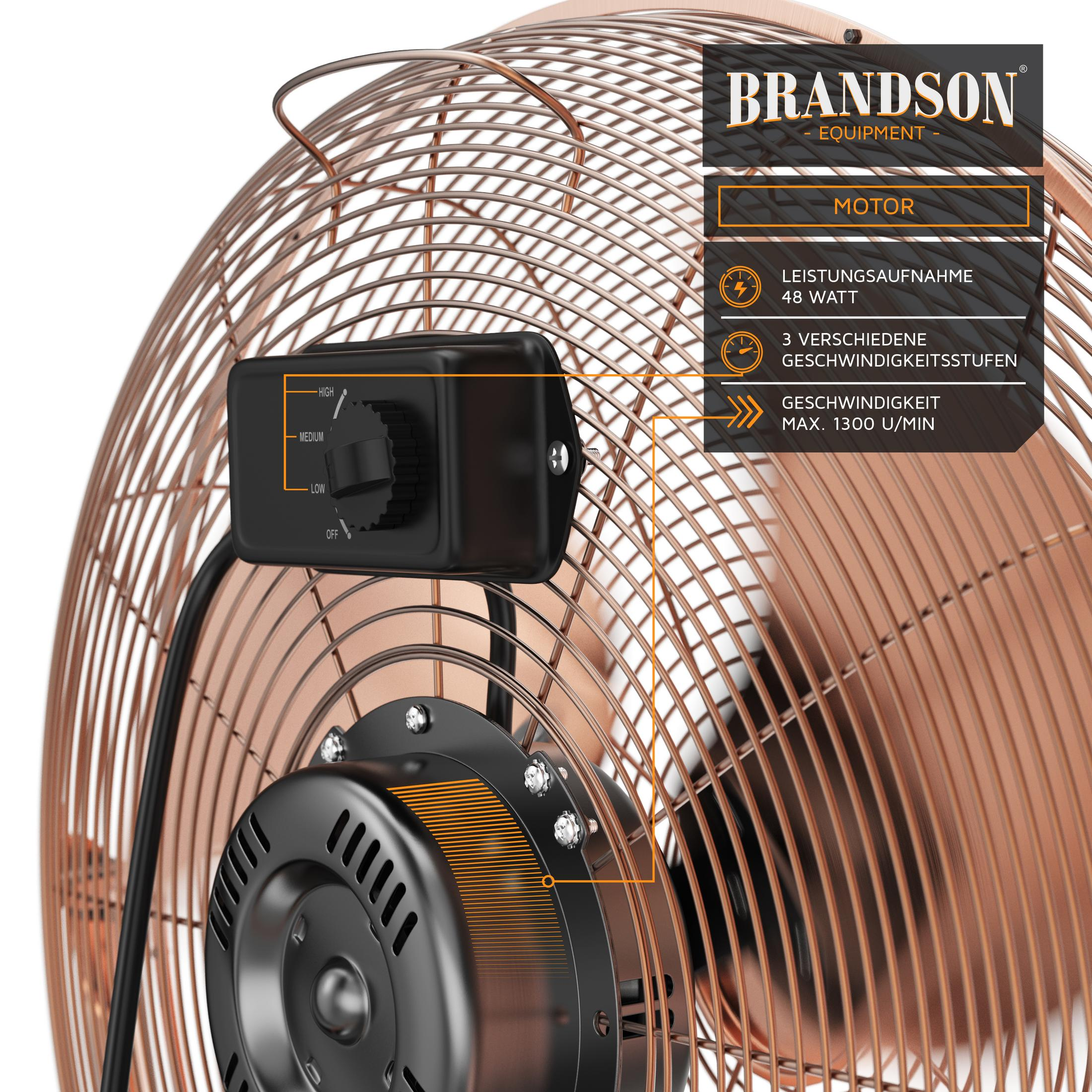 Kupferfarbener Ventilator mit schwarzem Bedienfeld. Text: Motor, Leistung, Geschwindigkeiten. Maschenkäfig. Weißer Hintergrund.