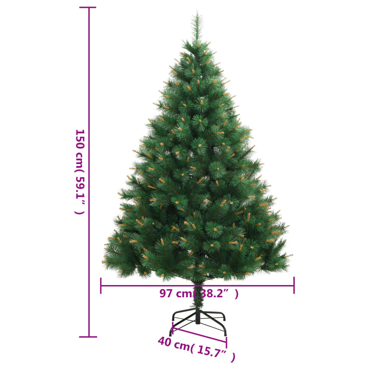Grüner Weihnachtsbaum mit Maßangaben. Er hat einen schwarzen Ständer und braune Zapfen.