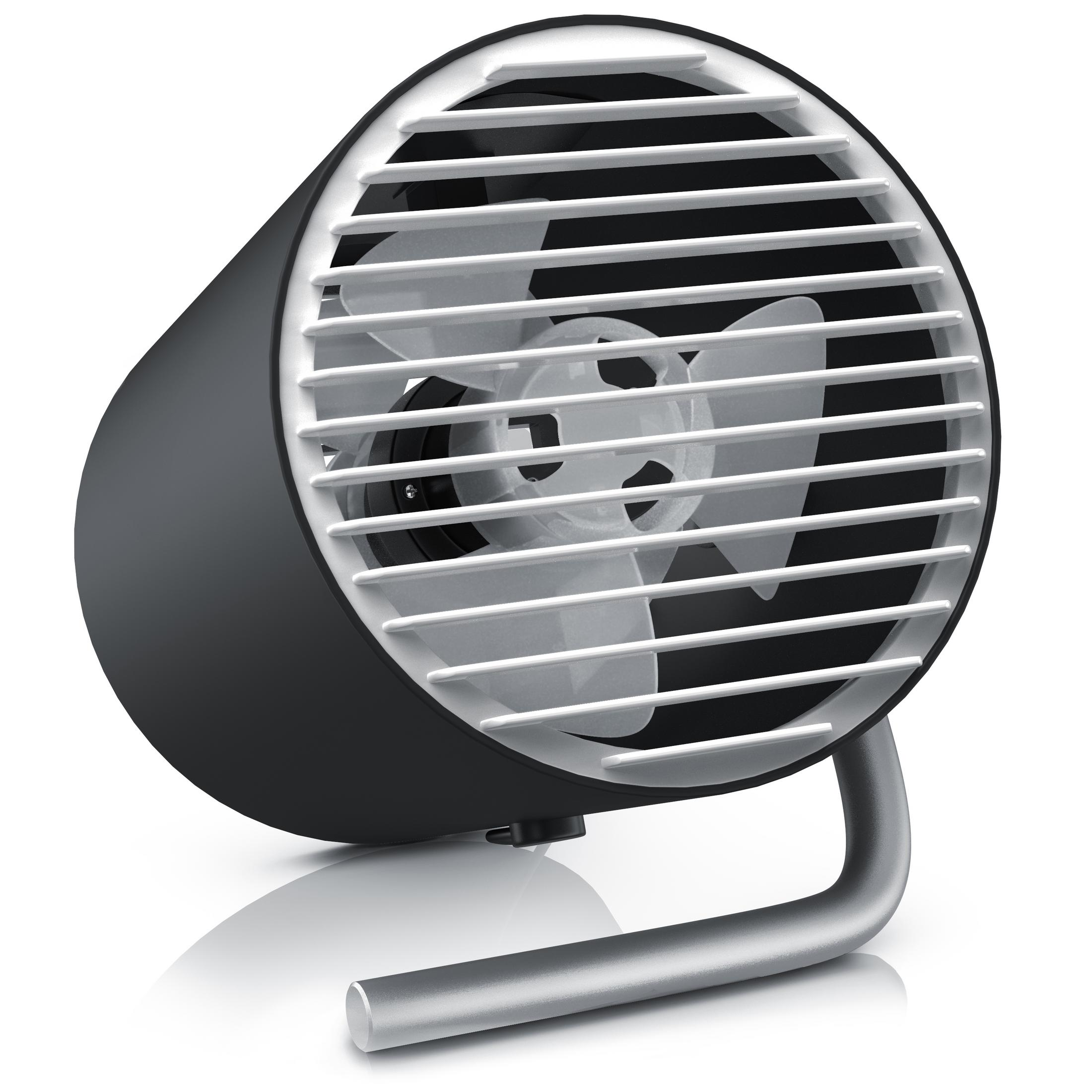 Schwarzer Tischventilator mit silbernem Ständer, weißen Flügeln und weißem Schutzgitter.