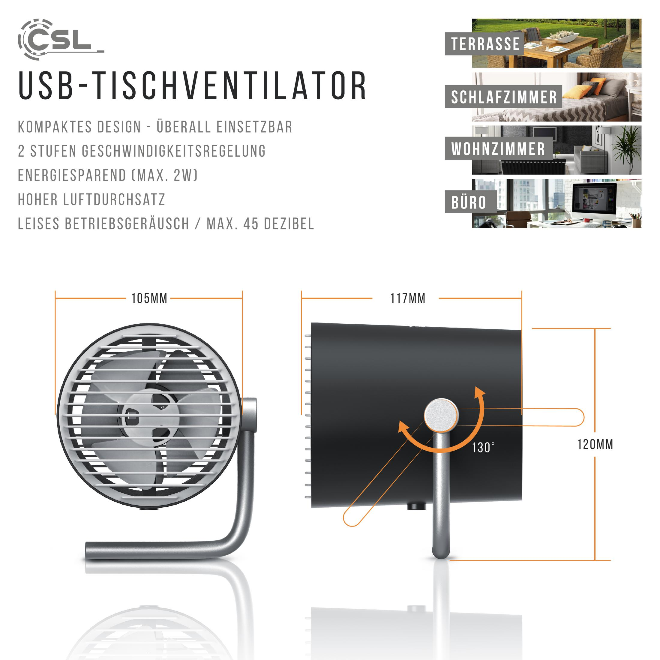 Diagramm eines USB-Tischventilators mit Etiketten und Seitenansicht mit Abmessungen.