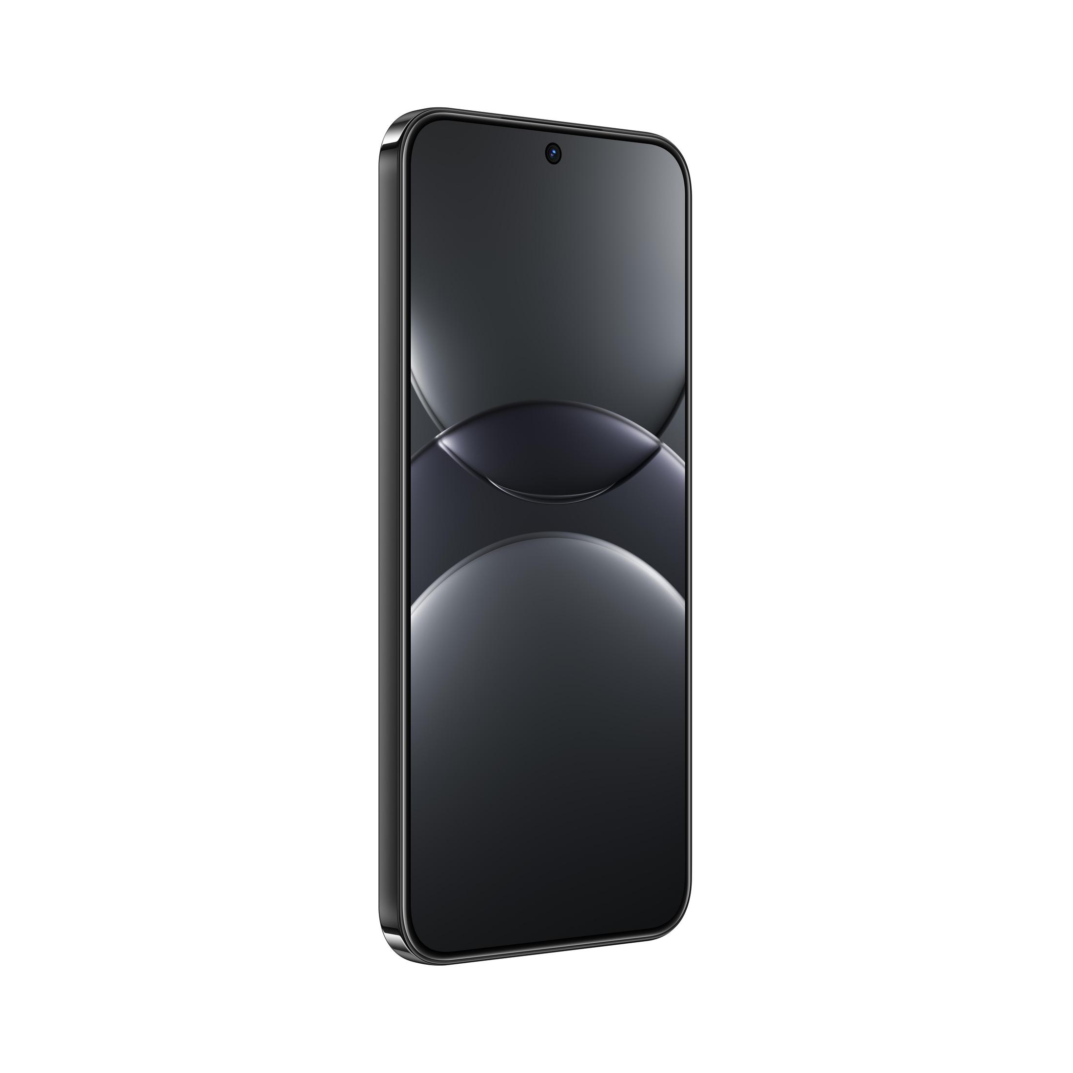 Schwarzes Smartphone mit gewölbtem Bildschirm, Seitenansicht, auf weißem Hintergrund.