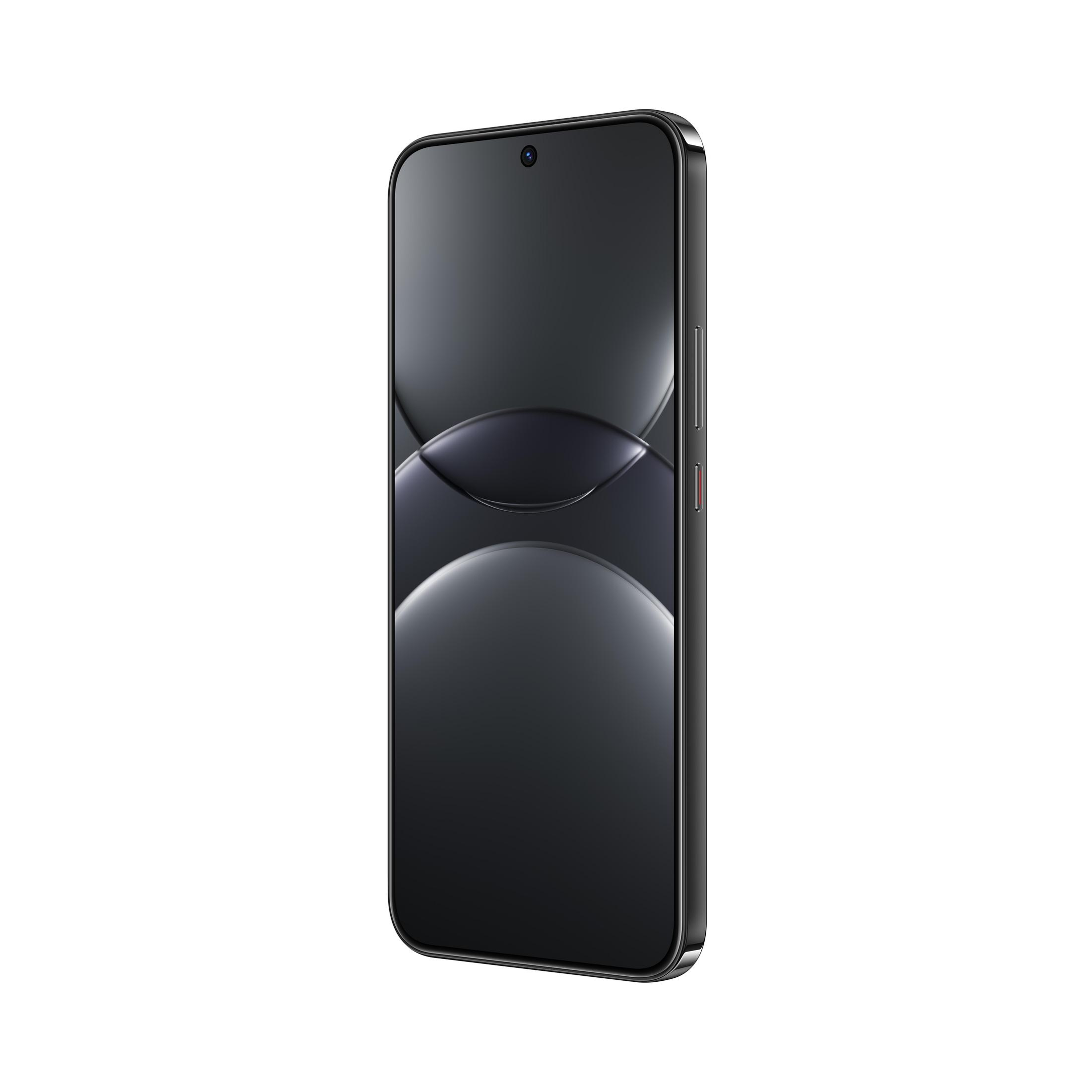 Schwarzes Smartphone mit gebogenem Bildschirm, von der Seite gesehen, freigestellt auf weiß.