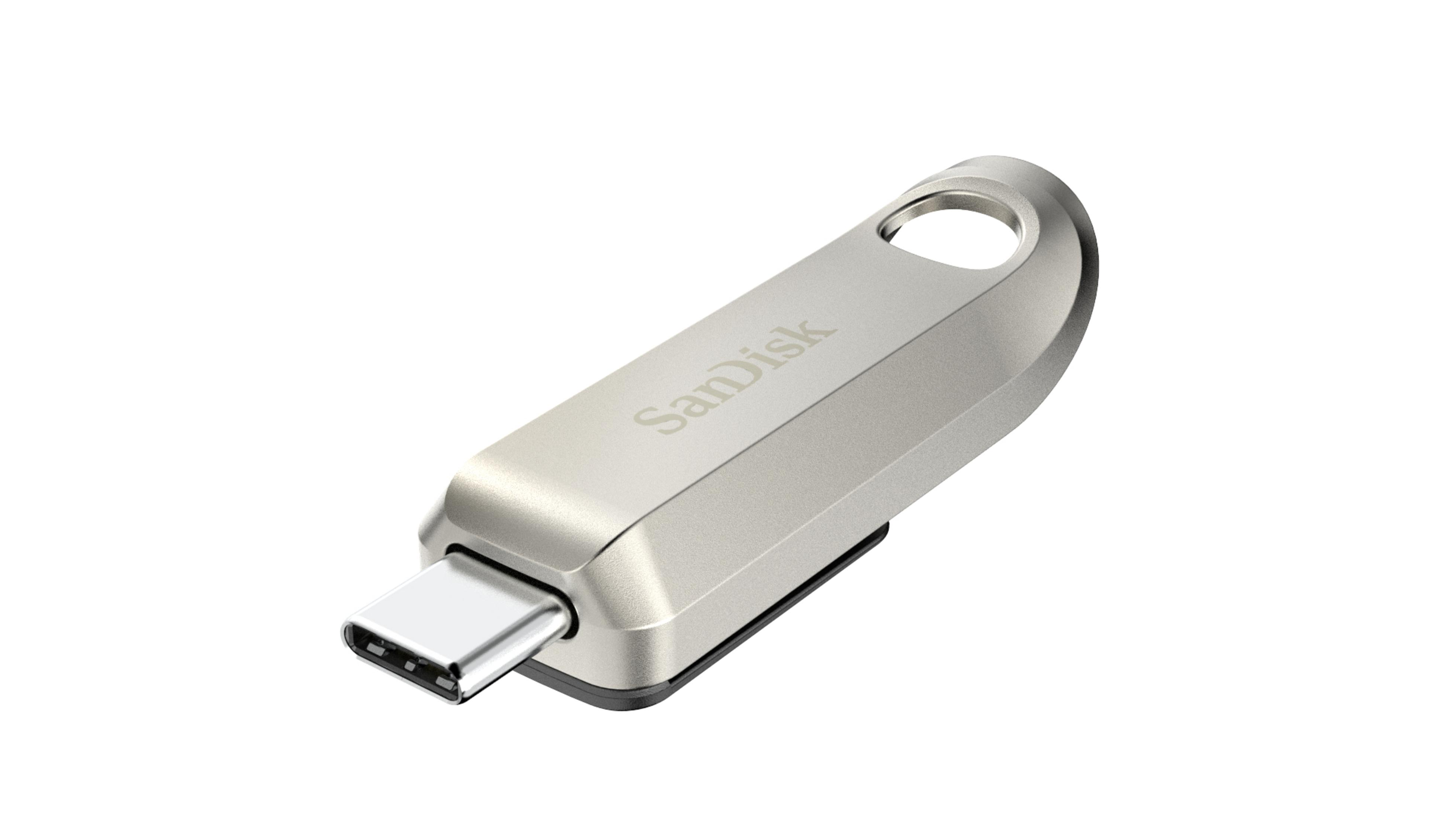 Srebrny pendrive USB-C Sandisk. Widok z boku.