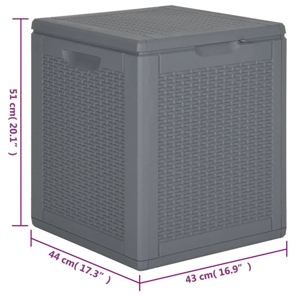 Graue, quadratische Aufbewahrungsbox. Korbdesign, Maße sichtbar.