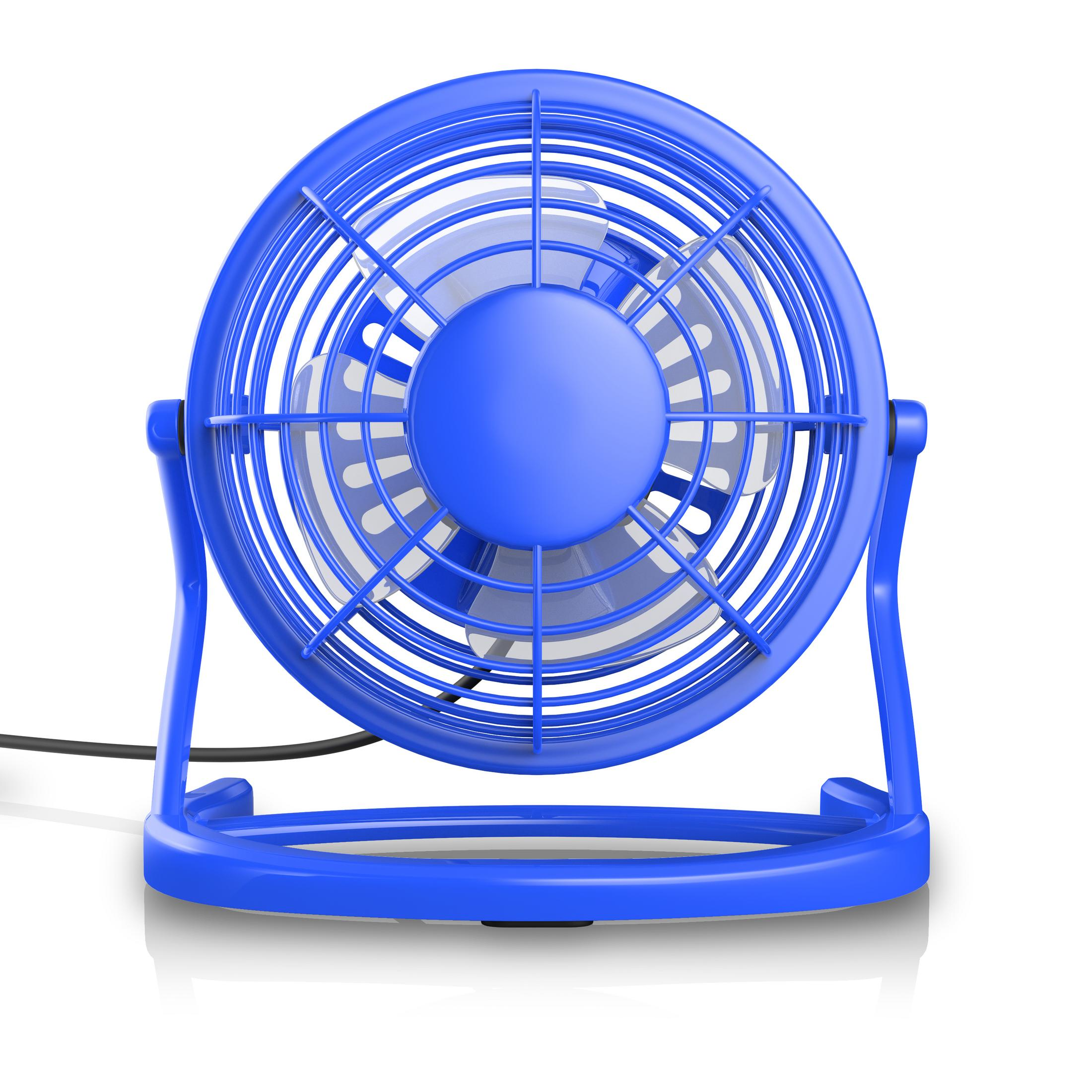 Blauer Schreibtischventilator. Von hinten, Lüfterblätter und Rahmen zeigend.