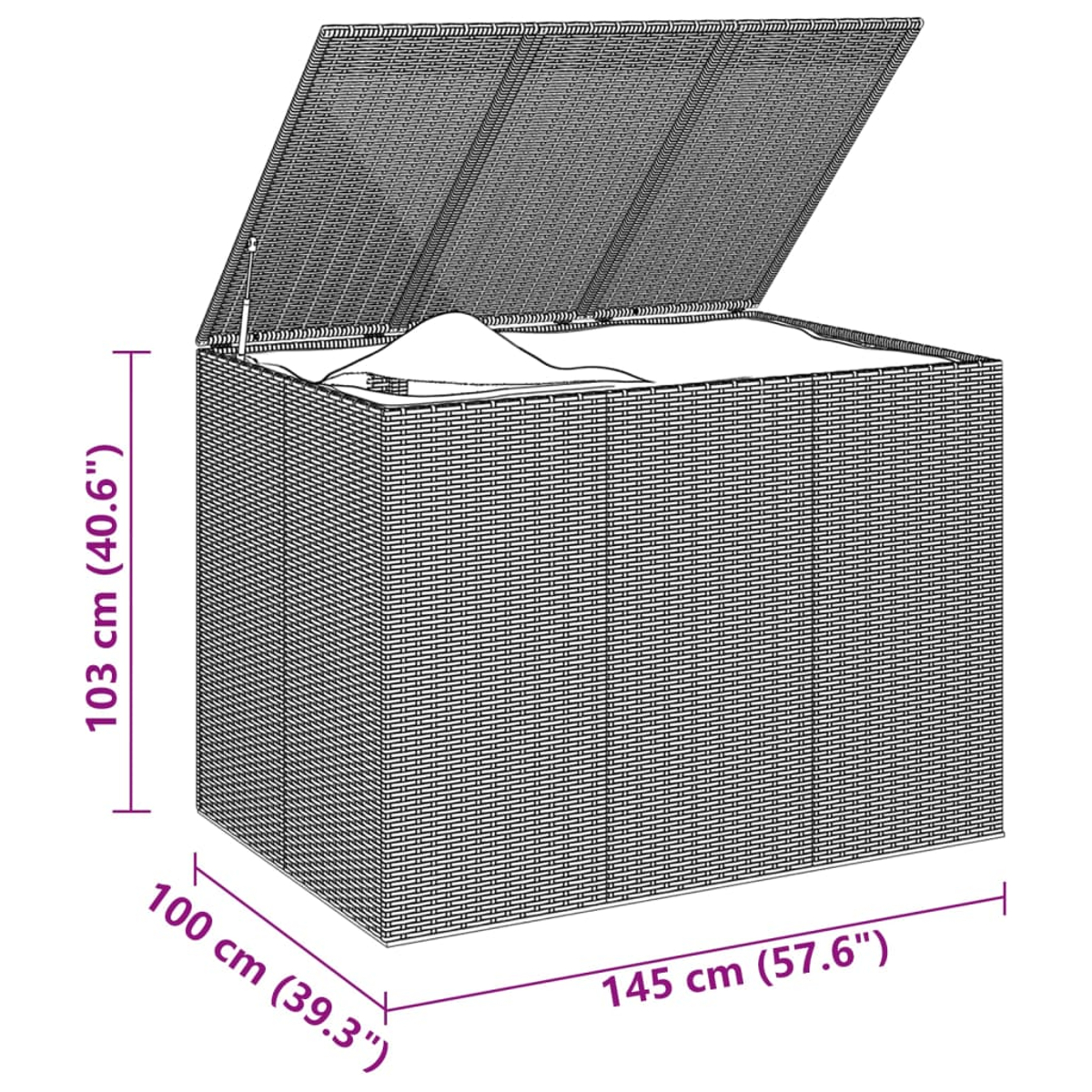 Wicker-Aufbewahrungsbox mit Maßangaben. Der Deckel ist geöffnet und zeigt das Innere. Dunkle Farbe.