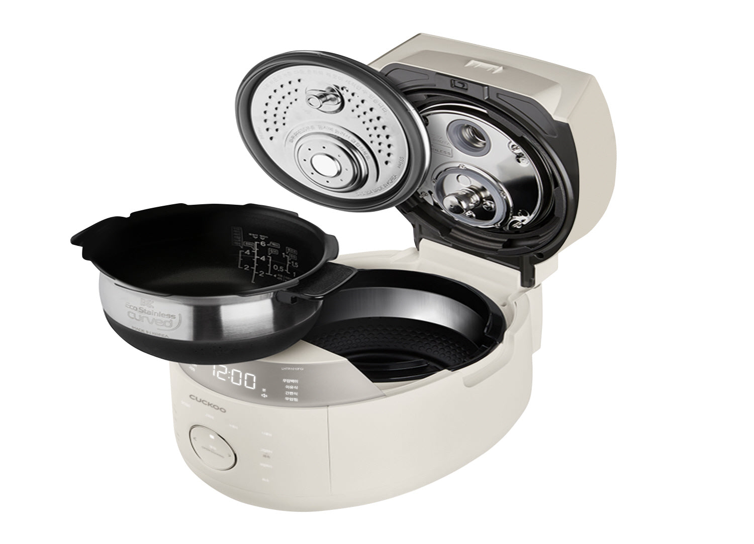 Ein geöffneter, cremefarbener Reiskocher mit Innentopf und Deckel. Das Innere zeigt die Heizelemente.