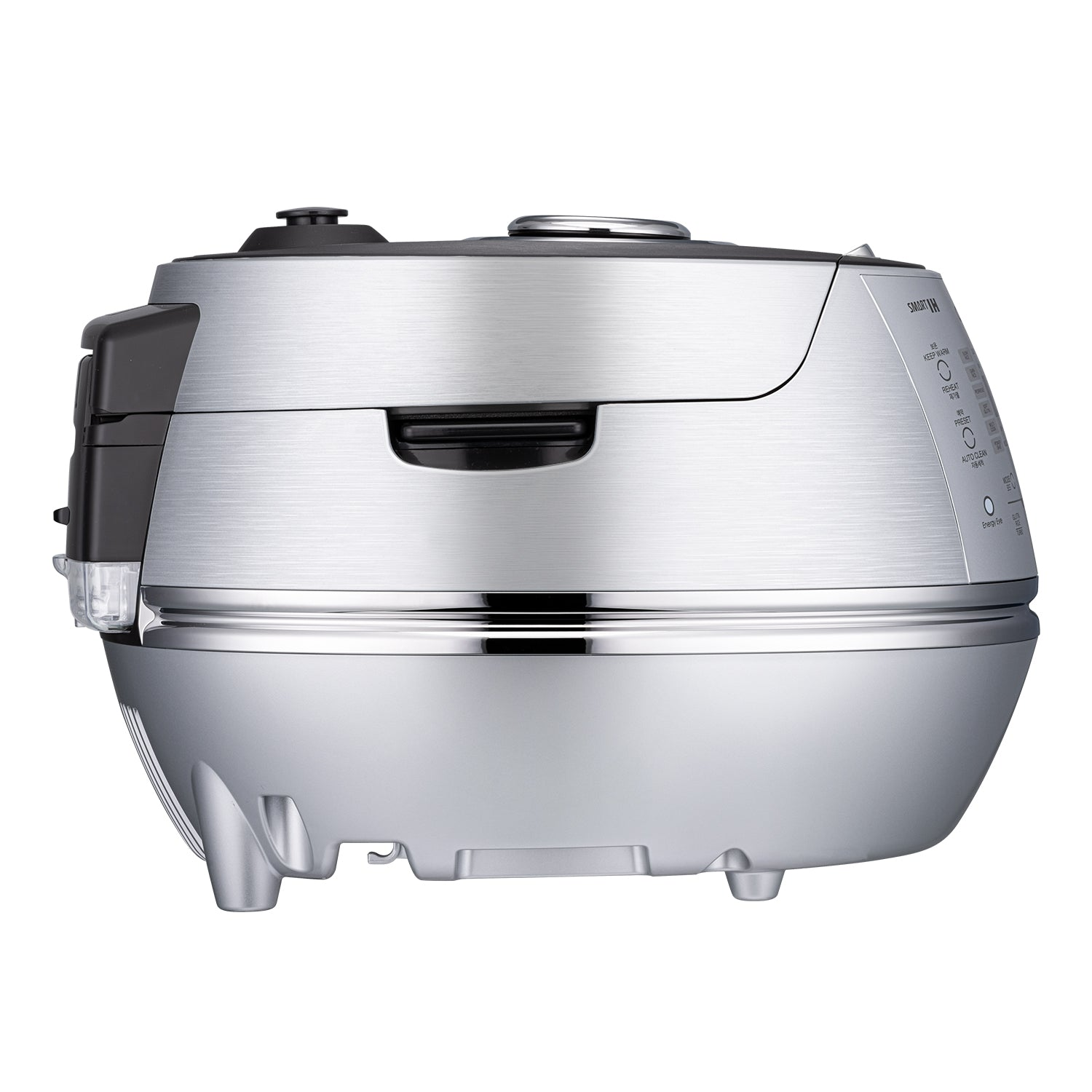 Srebrny garnek do ryżu, widok z boku. Posiada szczotkowane metalowe wykończenie. Panel wyświetlacza i uchwyty.