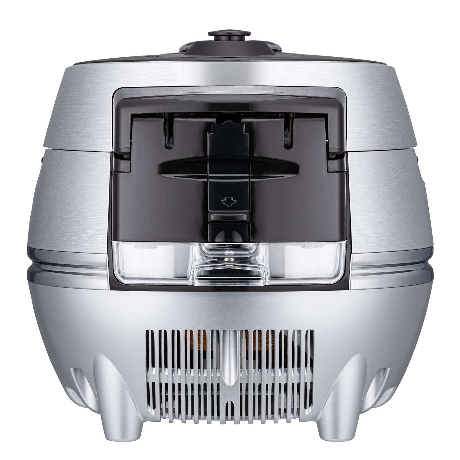 Srebrny garnek do ryżu, widok z tyłu. Posiada czarny panel z otworami wentylacyjnymi. Izolowane białe tło.