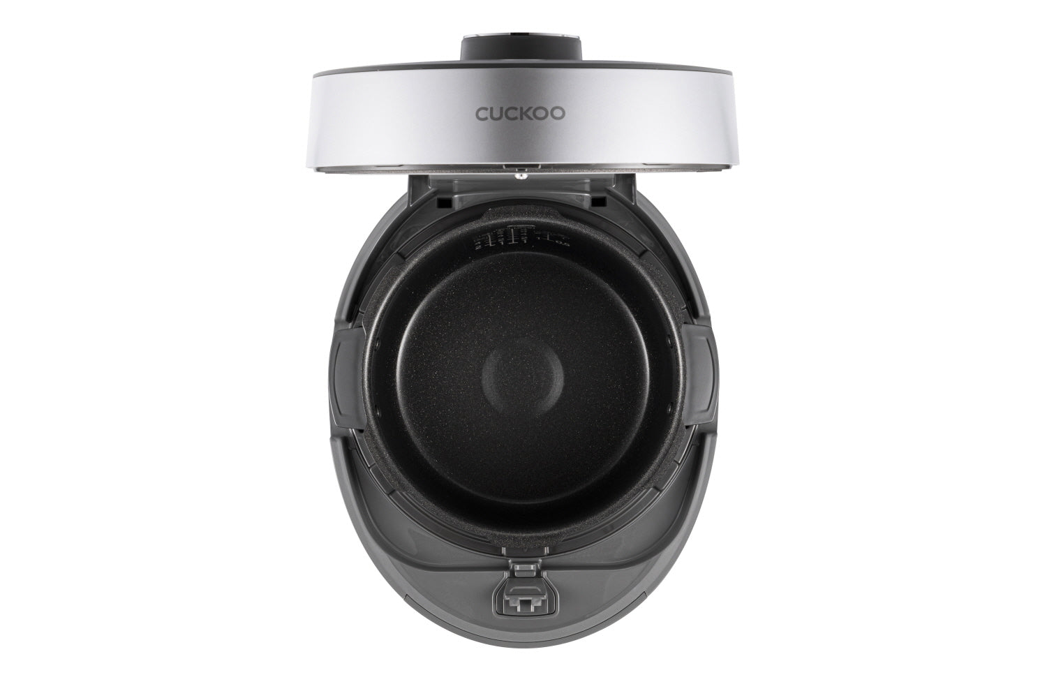 Widok z góry na szary garnek do ryżu, otwartą pokrywę. Pokazuje czarny garnek wewnętrzny. Izolowane białe tło.