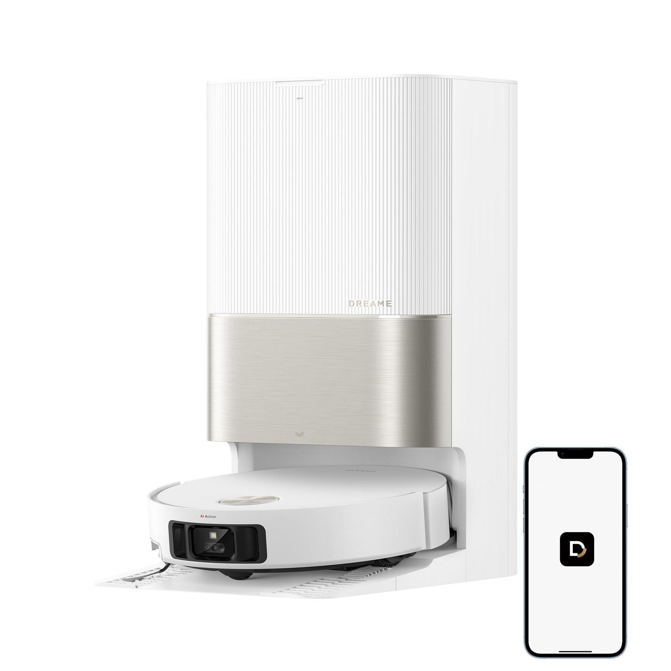 Biały i srebrny robot sprzątający Dreame i stacja bazowa. Smartfon pokazuje aplikację Dreame.