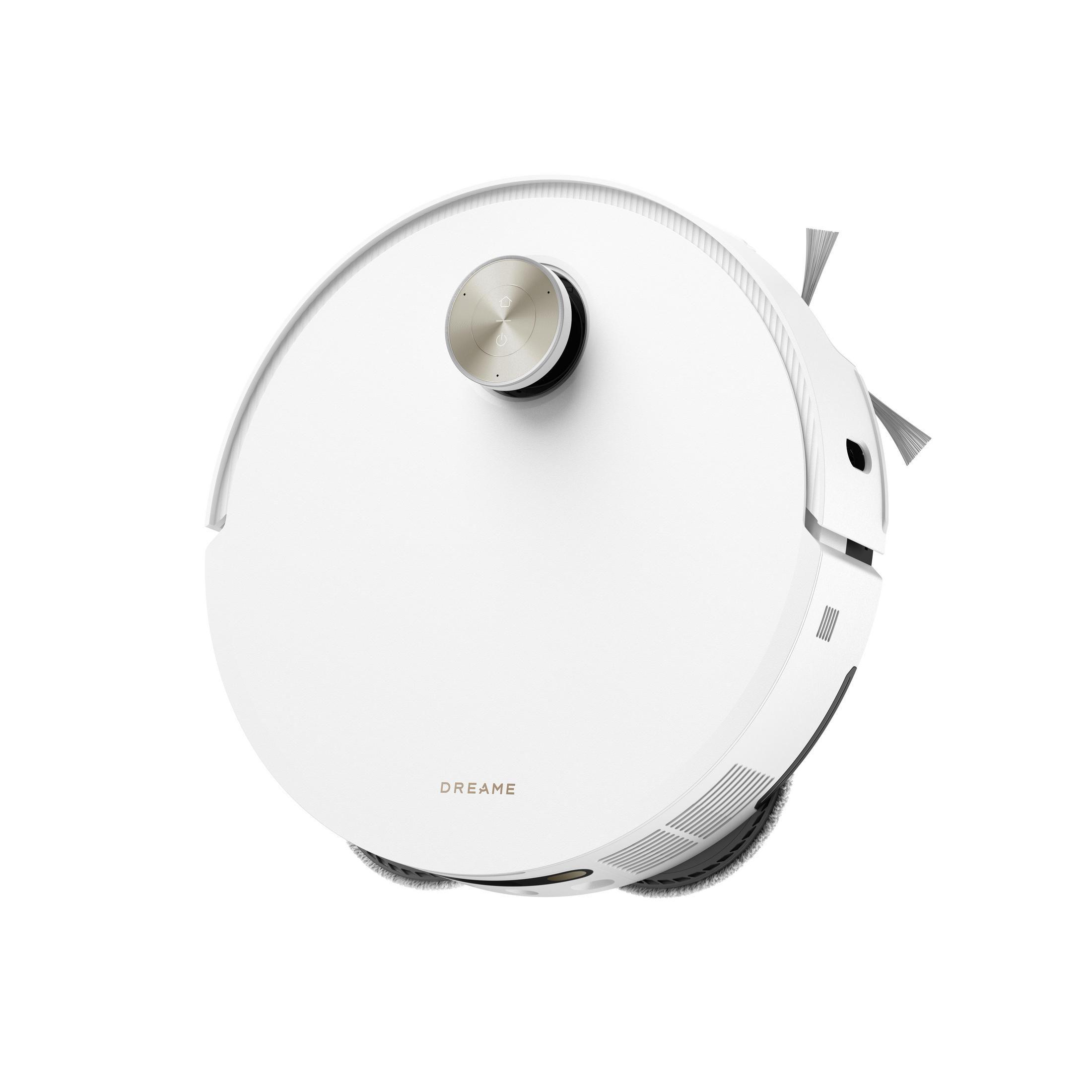 Biały, okrągły odkurzacz automatyczny z logo DREAME na górze, widok z góry.