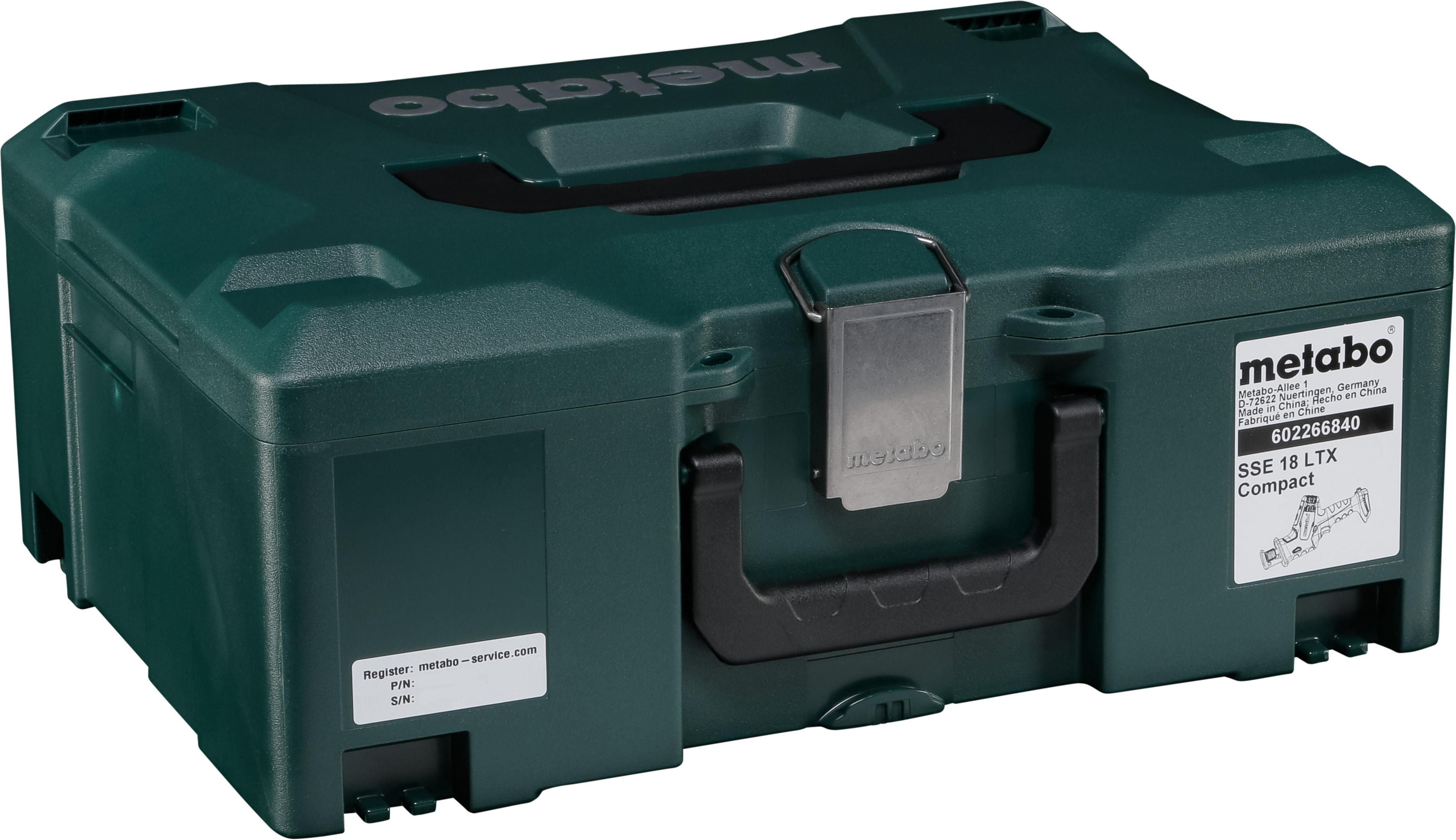 Ciemnozielona skrzynka narzędziowa Metabo z uchwytem i metalowym zamknięciem.