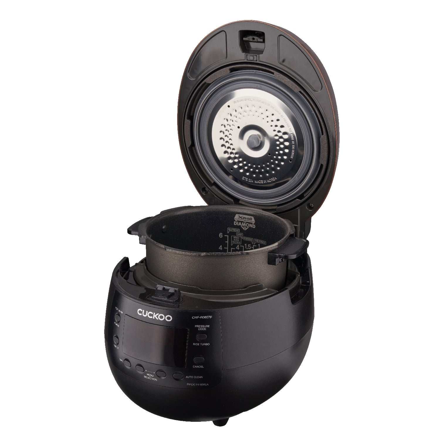 Czarny garnek do ryżu, otwarty, pokazujący garnek i wnętrze, z tekstem na przednim panelu.