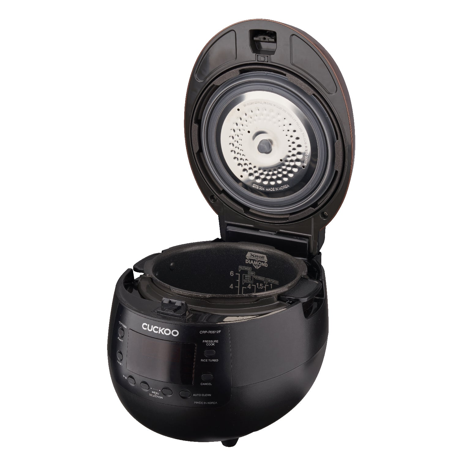 Czarny ryżowar, otwarty, z widocznym wewnętrznym garnkiem. Pokrywa jest otwarta.