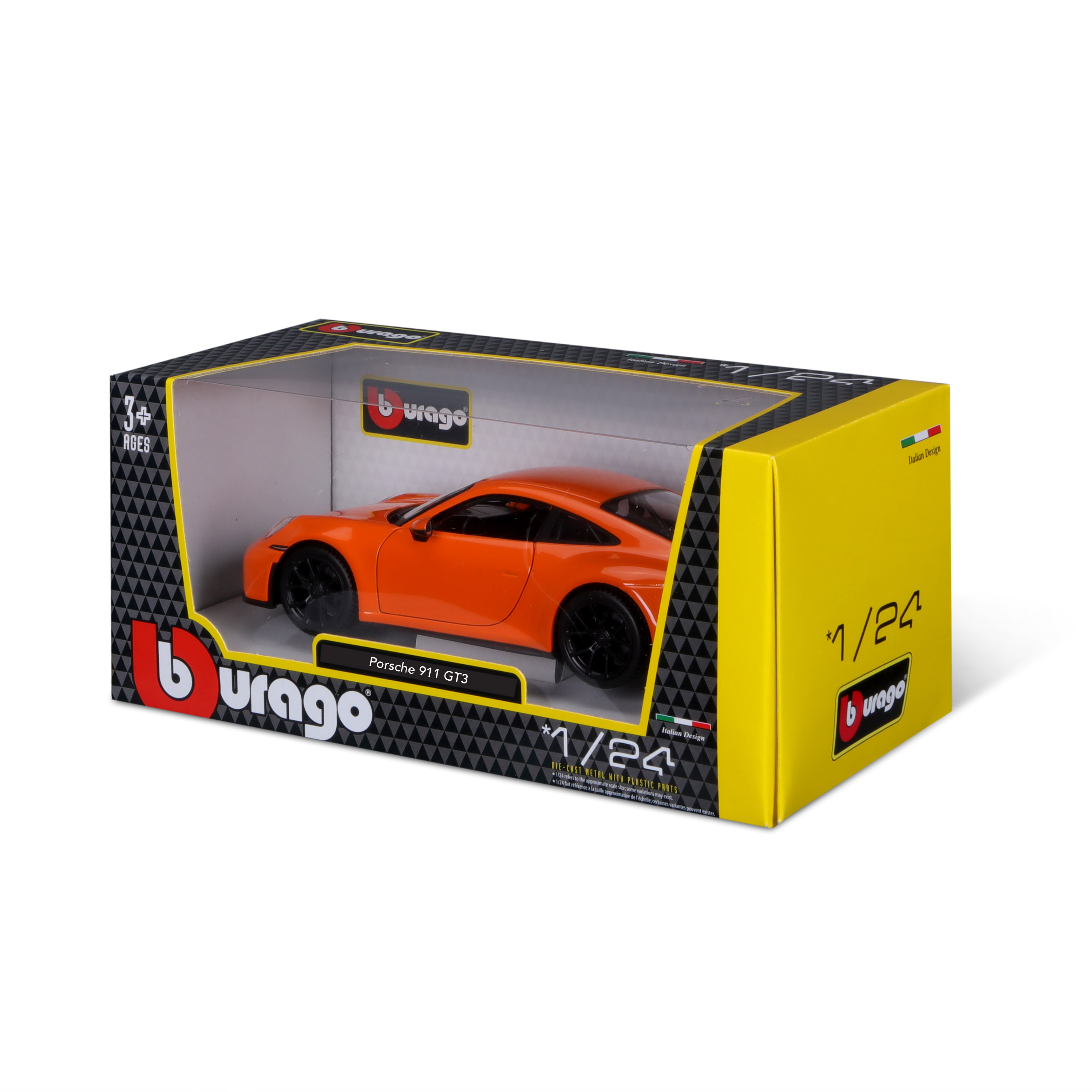Ein Spielzeugauto, ein Porsche 911 GT3, in einer gelb-schwarzen Schachtel. Das Auto ist orange.
