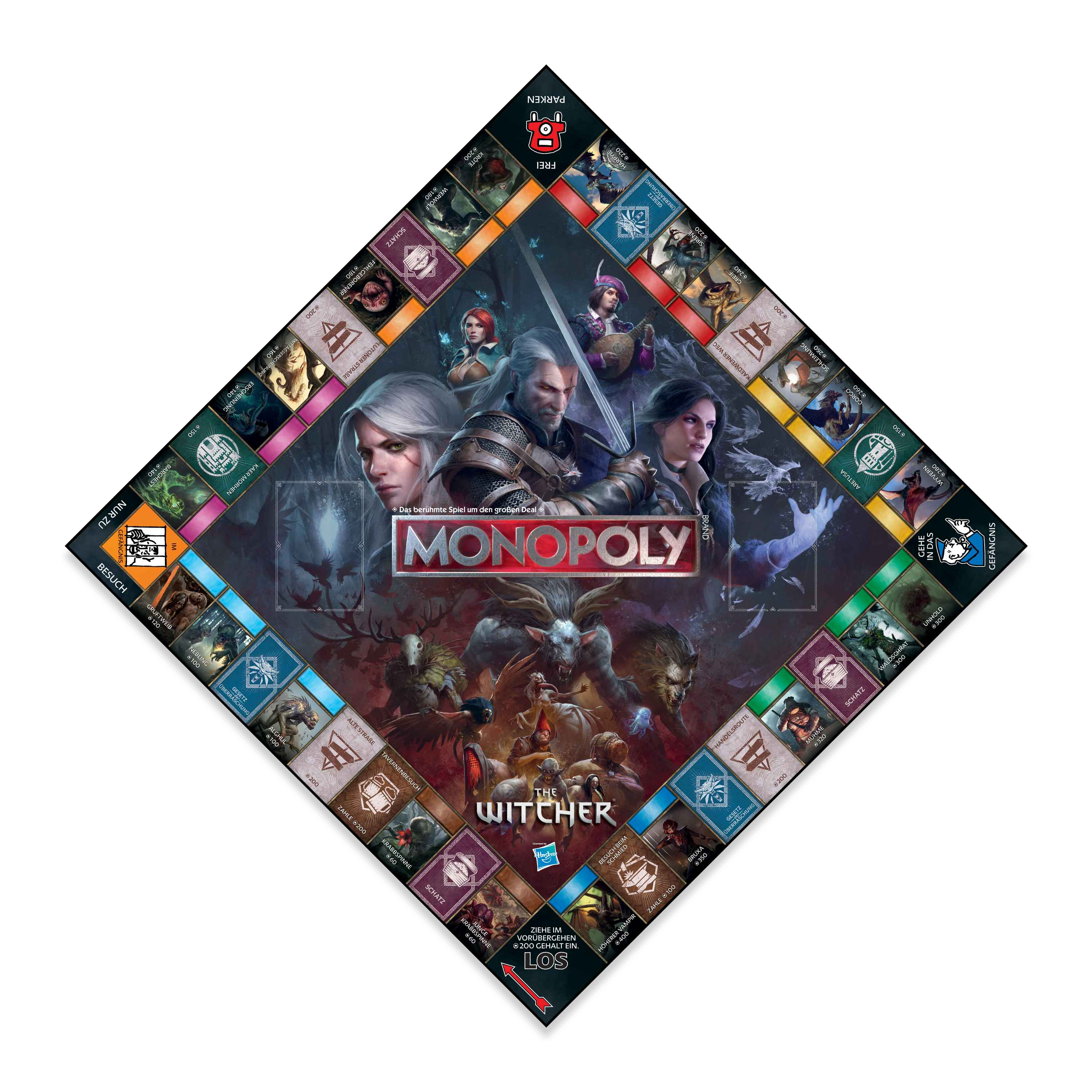 Ein Monopoly-Brettspiel mit Witcher-Thema, mit Spielfiguren und Charakteren.