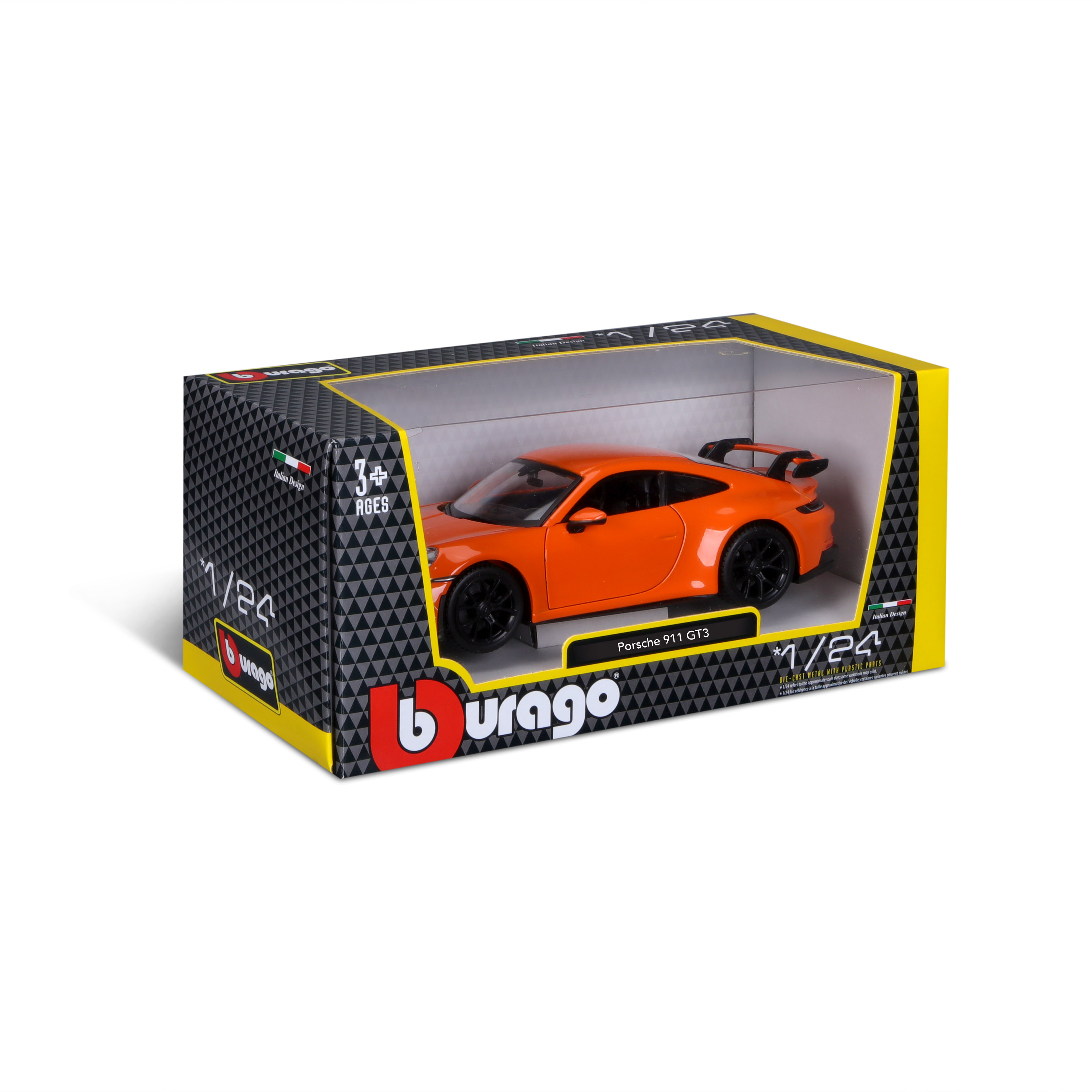 Ein orangefarbenes Modellauto Porsche 911 GT3 in einer schwarzen Box. Die Box ist schwarz.