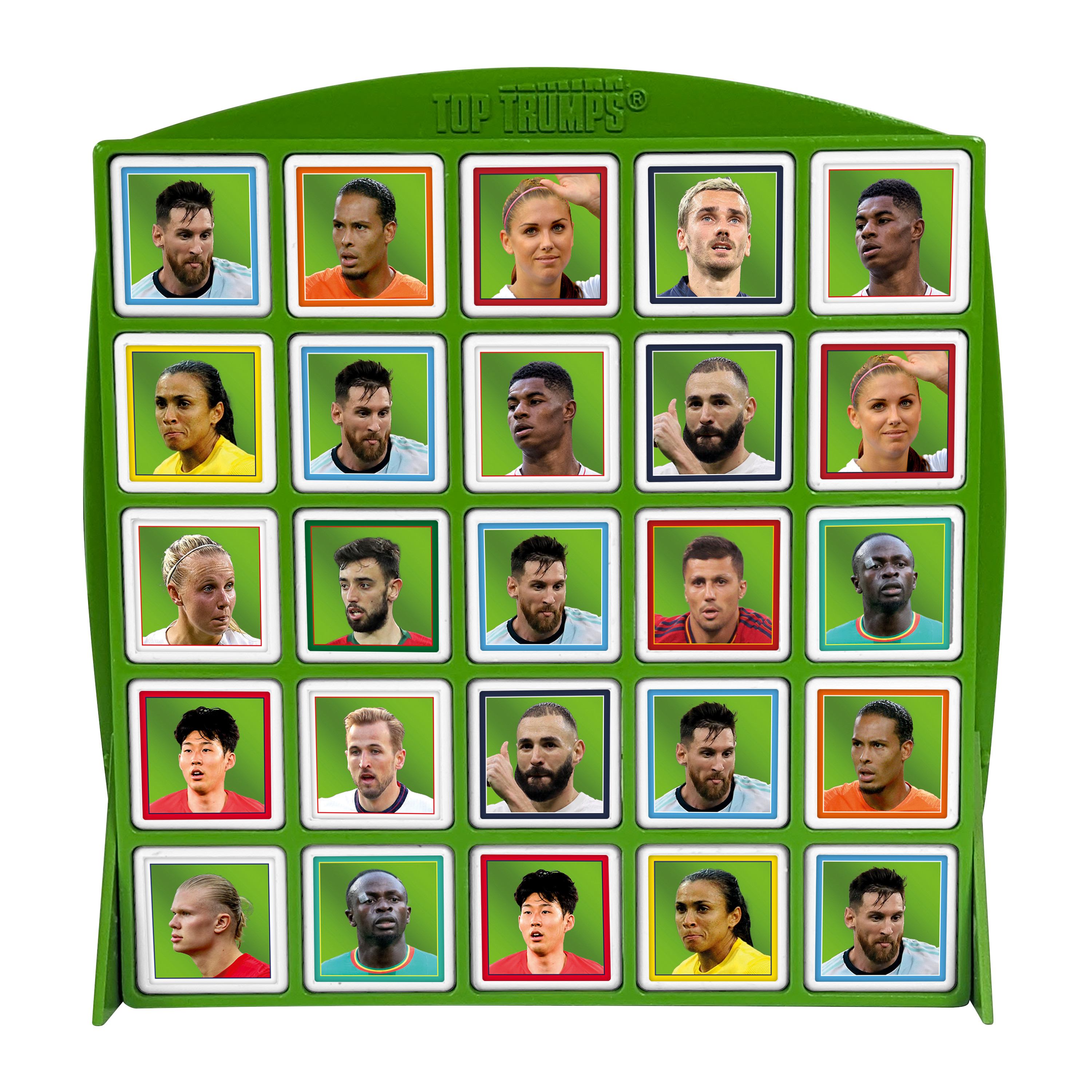 Top Trumps Spiel mit Fußballspielern. Das Spiel zeigt Gesichter vieler Fußballspieler.