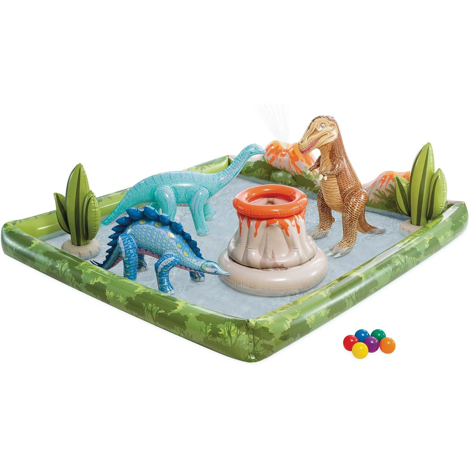 Area giochi acquatici gonfiabile a tema dinosauri con vulcano, dinosauri e palline colorate.