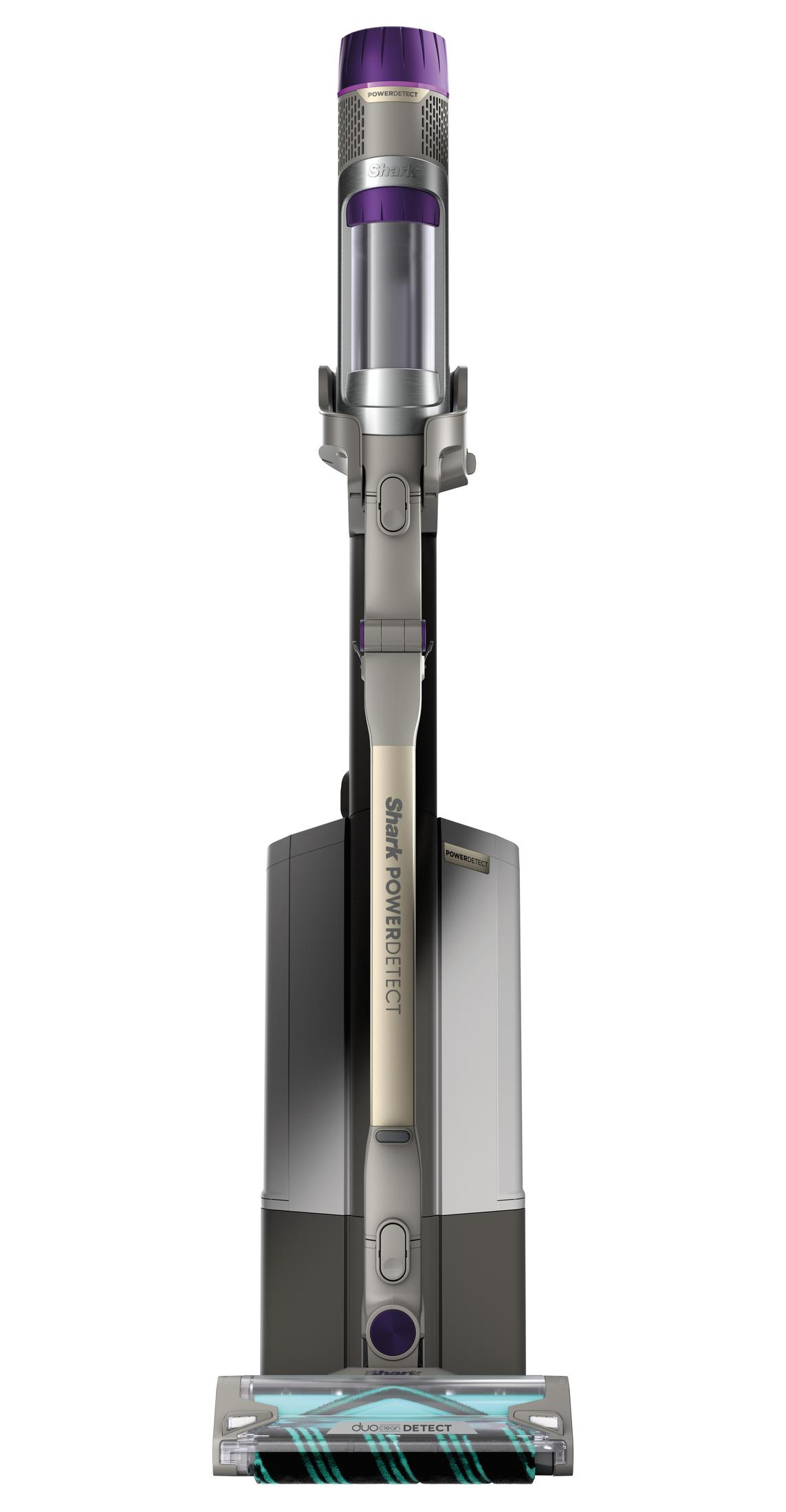 Pionowy odkurzacz w kolorze szarym i fioletowym. Odkurzacz na białym tle.