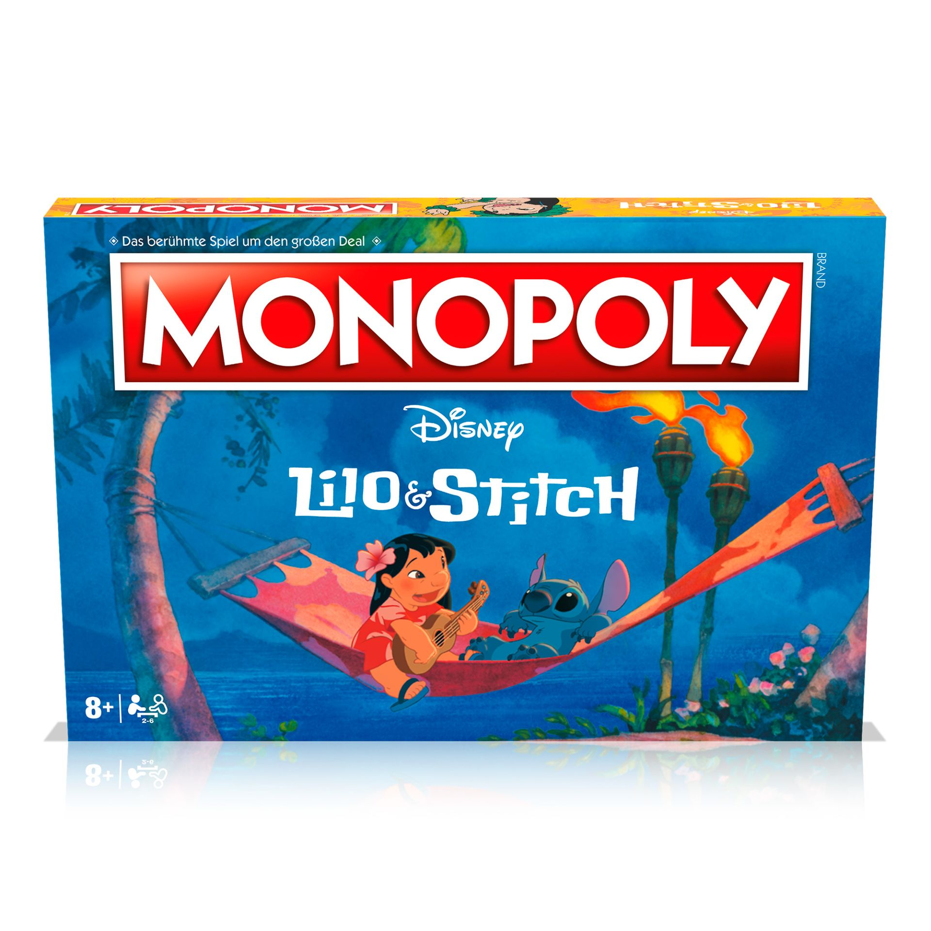 Monopoly-Spielbox mit Disney Lilo & Stitch-Thema. Die Box zeigt Lilo und Stitch in einer Hängematte.