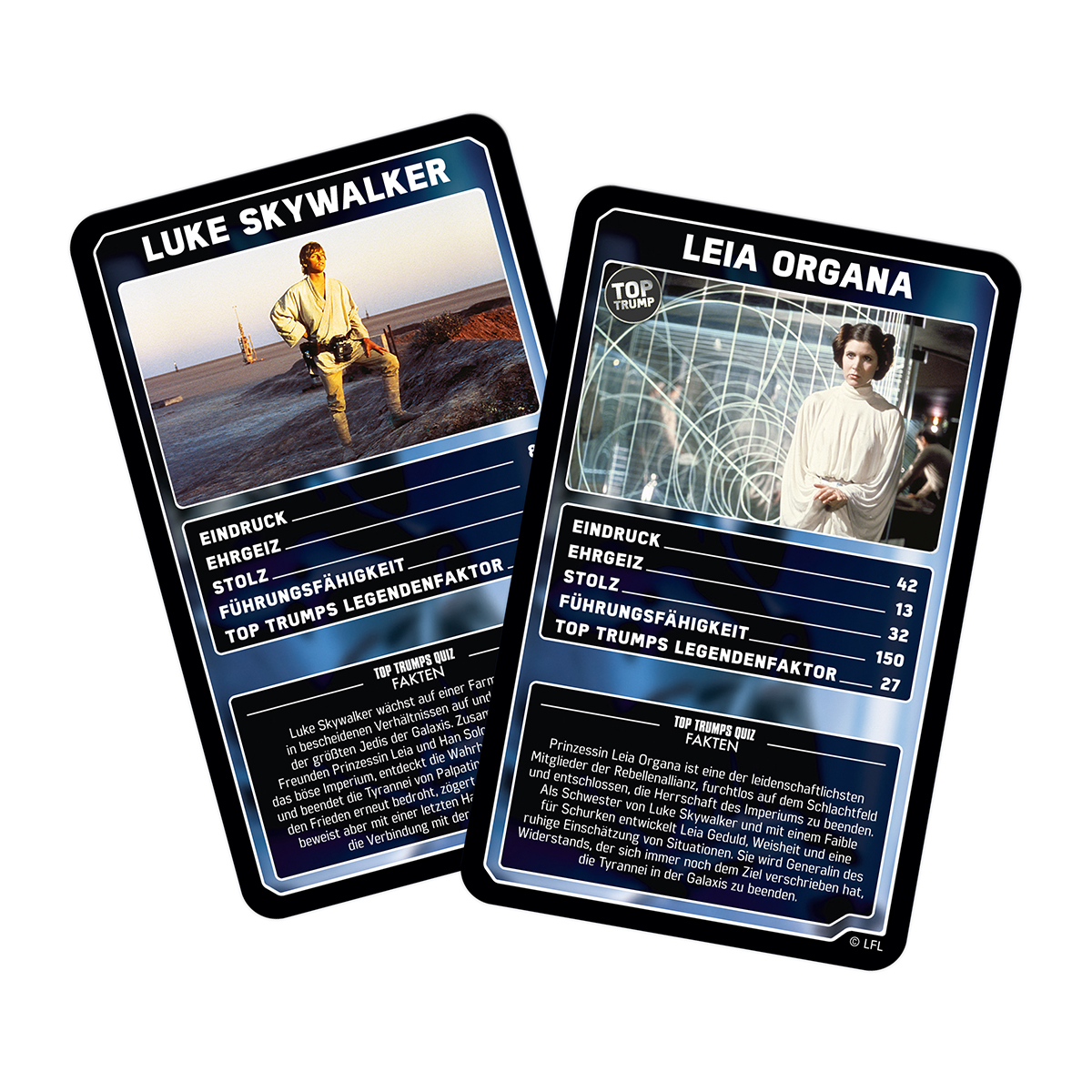 Zwei Star Wars Top Trumps Karten, eine mit Luke Skywalker, die andere mit Leia Organa, beide mit Statistiken.