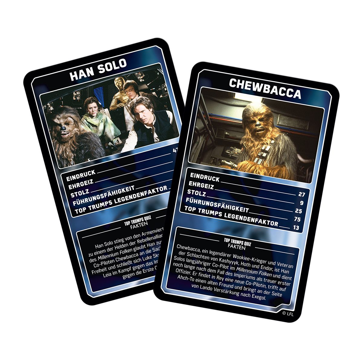 Zwei Star Wars Sammelkarten. Eine zeigt Han Solo, die andere Chewbacca. Text steht auf jeder Karte.