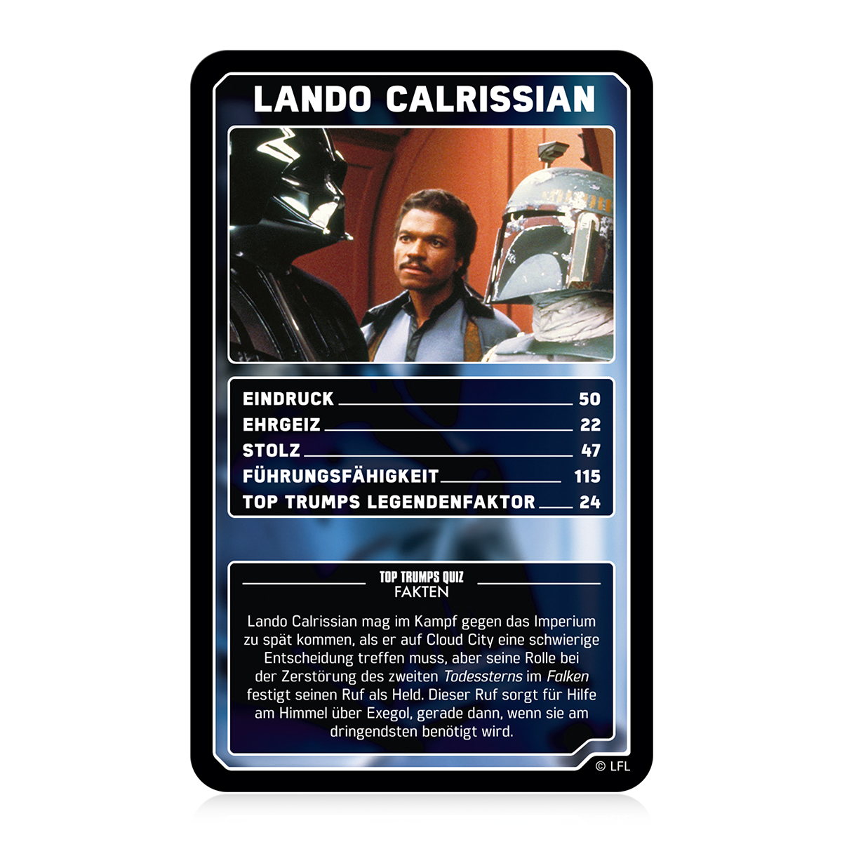 Star Wars Karte mit Lando Calrissian, mit Werten und Text, Darth Vader und Boba Fett im Hintergrund.