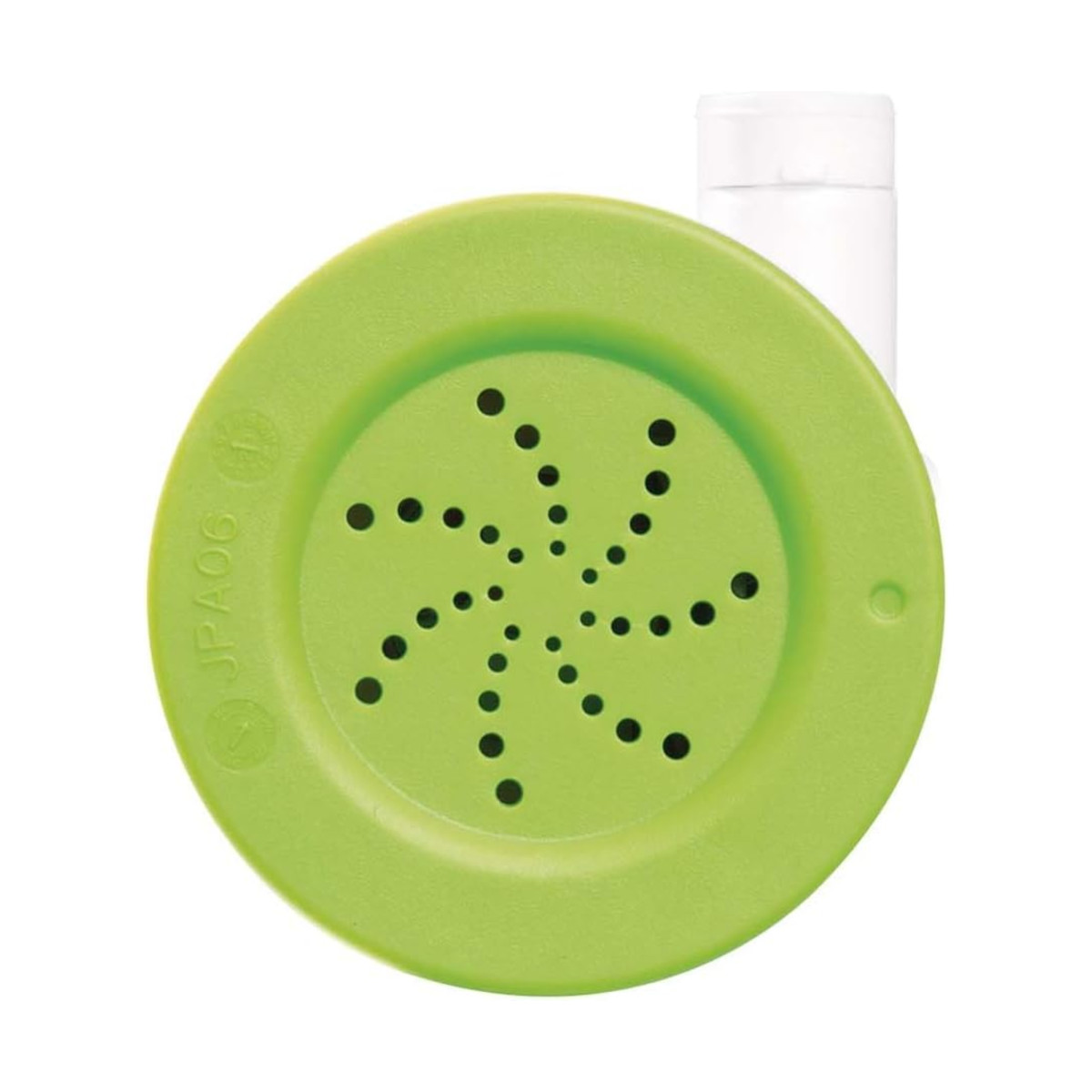 Grüner Kunststoffdeckel mit einer Spirale aus Löchern und einem kleinen weißen zylindrischen Objekt.